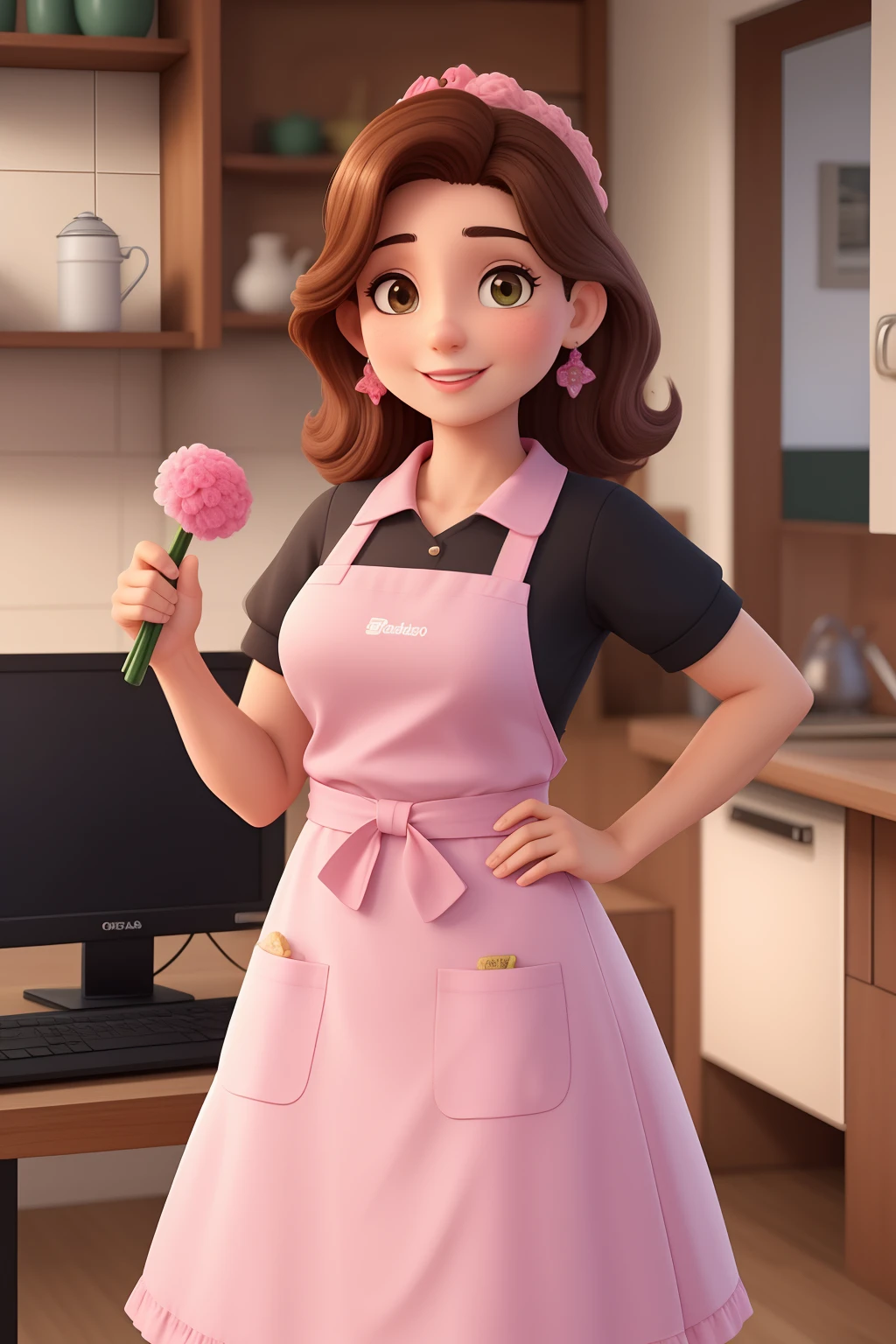Uma mulher de 50 anos, confeiteira, with medium hair, castanho escuro, Rosto redondo, sorriso encantador, e olhos castanhos e levemente puxados, pele morena, Wearing a pink apron and fue in hand and working, ela nao usa brincos de argola e esta sempre rodeada de cakes em prateleiras alegres , mas tambem trabalha no digital com seu notebook