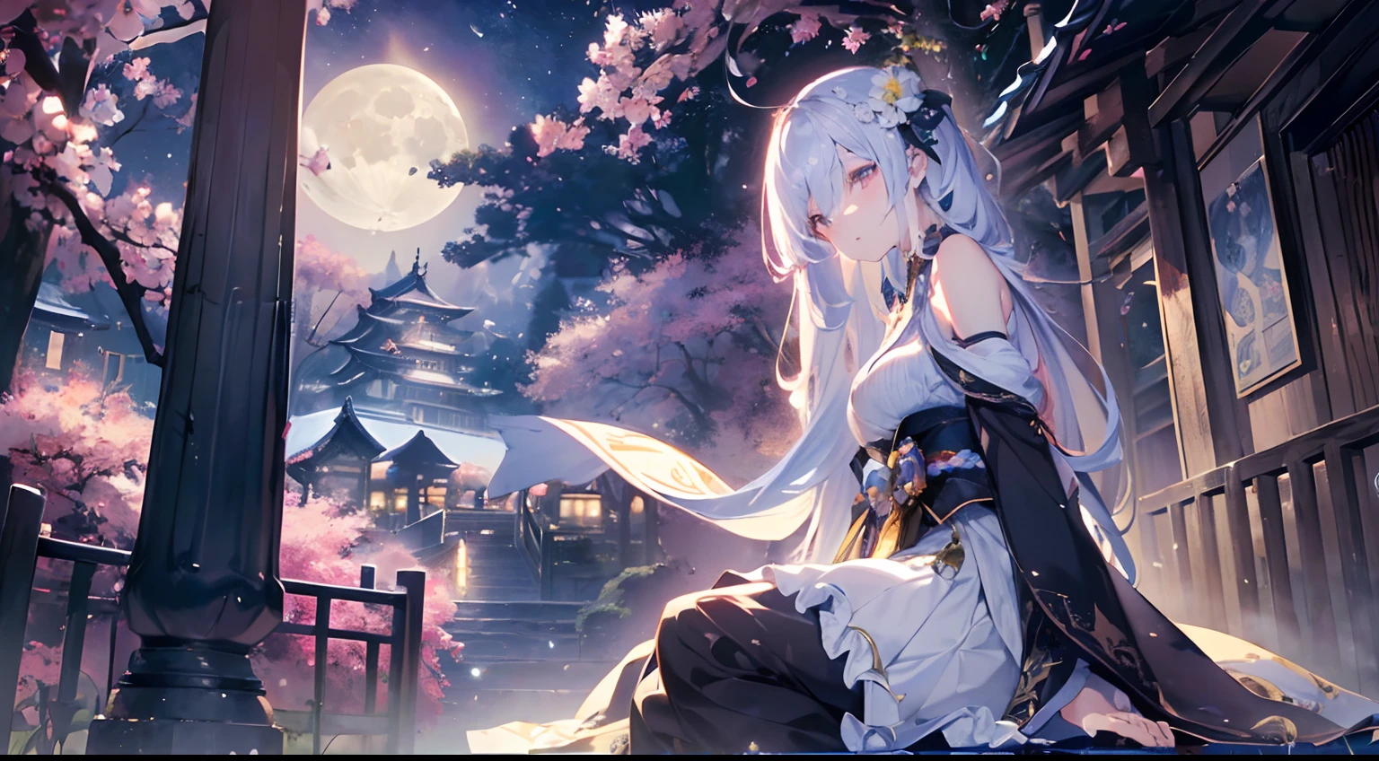 (Official art、Best Quality、Unity 8k Wallpapers、32K、masterpiece、ultra-detailliert、超A high resolution、realisitic、Photorealsitic:1.2)、(Cinematic lighting:1.2)、Fireglow effect、film grains、Best Shadows、Rim lighting、side lights、(Ultra-detailed and complex 3D rendering)、Detailed beautiful face and eyes、A slender、Medium bust、(Full body:1.2)、(sideshot、Looking up at the moon、Looking away:1.2)、(Mystical、moonlights)、Highly detailed background、beauitful face、blurry backround、a beauty girl、(super detailed skin、detailed skin textures:1.3)、Japan garden、cowboy shot、Sit on the porch、beautiful flower、Moon、dumpling、