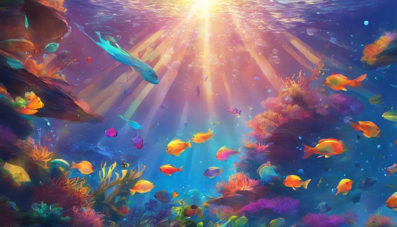 shining sunlight reflecting on the surface, graceful swimming strokes, sparkling water droplets, underwater world, colorful coral reefs, tranquil and peaceful atmosphere, best quality, ultra-detailed, realistic, hydrodynamic motion, fluid movements, vibrant colors, playful light rays, underwater beauty