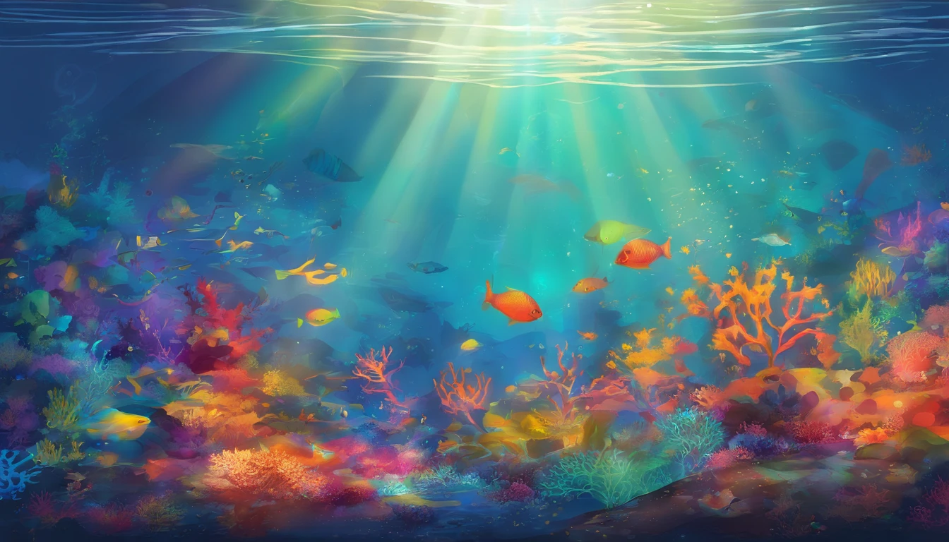 shining sunlight reflecting on the surface, graceful swimming strokes, sparkling water droplets, underwater world, colorful coral reefs, tranquil and peaceful atmosphere, best quality, ultra-detailed, realistic, hydrodynamic motion, fluid movements, vibrant colors, playful light rays, underwater beauty
