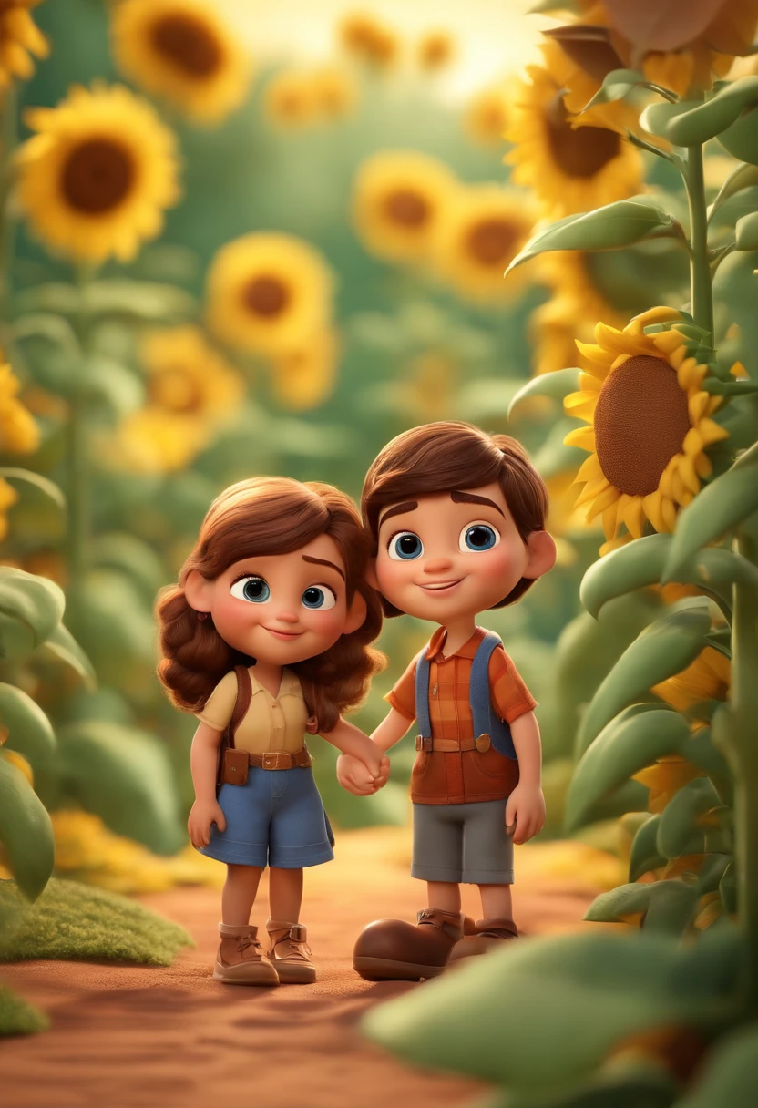 Create a Disney PIXAR-style 3D poster. ((centro da imagem, Triplets)), ((3 children)) ((1 menino no meio e 2 meninas ao lado, They're hugging each other, O menino tem pele branca e cabelos castanhos claros e olhos castanhos escuros, 1 menina tem pele clara, olhos castanhos e cabelo liso e loiro escuro , e a outra menina tem pele branca ,olhos azuis claros e cabelos loiros e lisos)) ((tudo isso no estilo Disney PIXAR 3D, In the background, A house of sunflowers, Gloria Studio, The garden is full of nature 3D render RTX clay material, estilo de design cartunesco, POP Mart, soft lighting, linhas suaves, Spring tilt, Detailed illustrations of PIXAR 3D, Detalhes hiper-realistas, cor quente no estilo Disney PIXAR 3D))