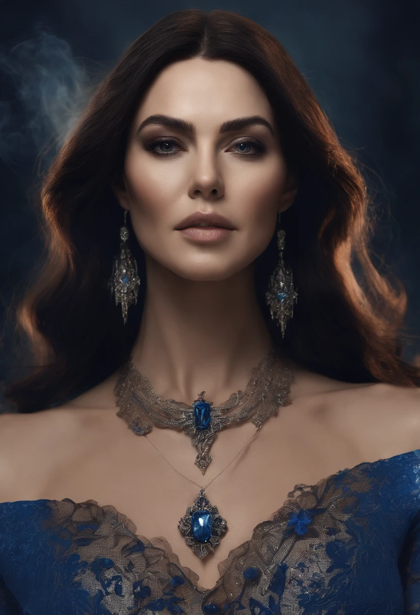 There is a woman standing, witchy, Blue Star Dress, Brown straight hair, chocker on neck. There is a flame around, Dark color scheme, An evil expression on his face, Danger, Works Magic, Monica Bellucci