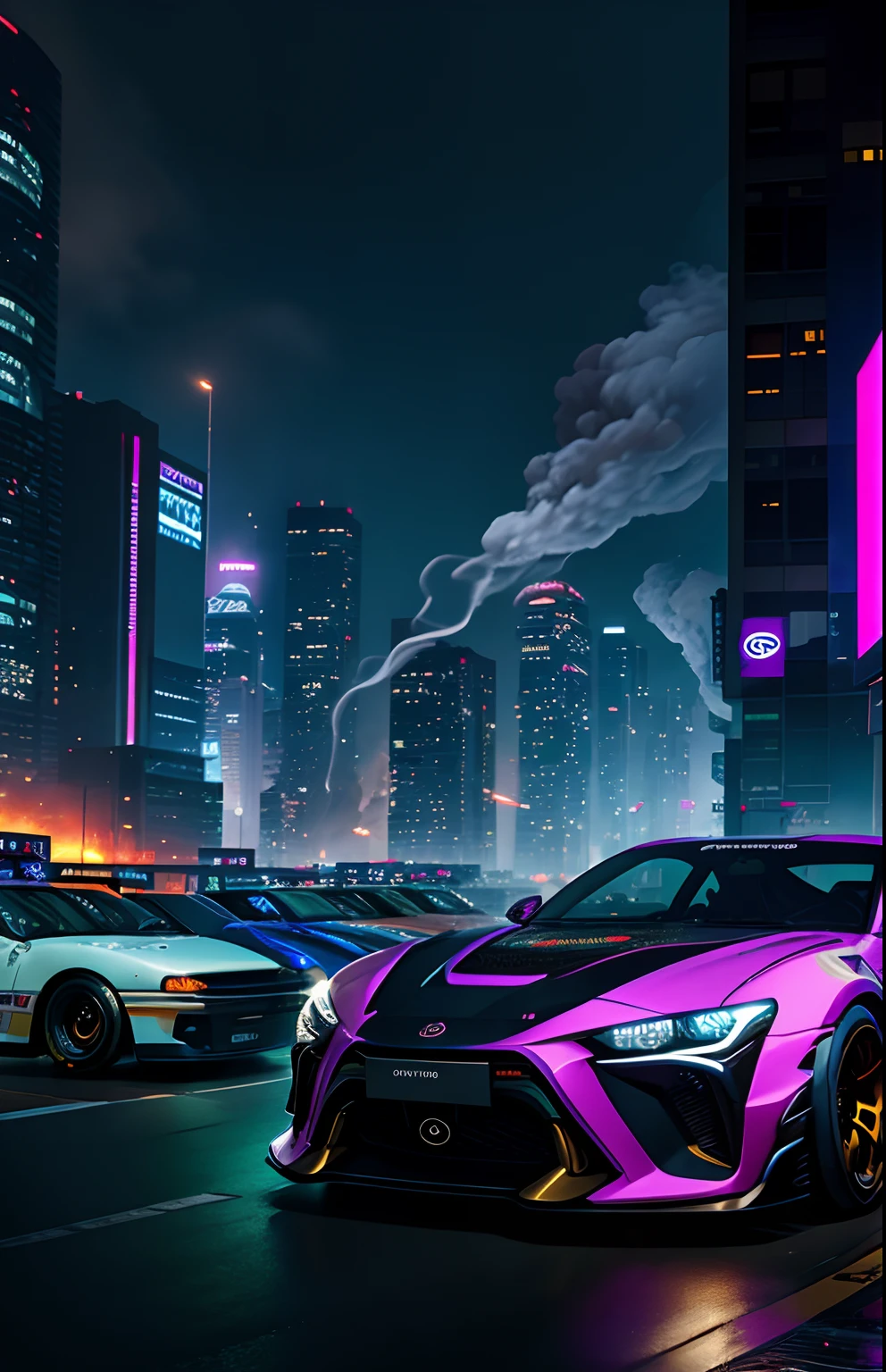 Cyberpunk Hypercar、Soft colors、Swirling color smoke、legends、Cityscape、kosmos、Toyota AE86 Trueno