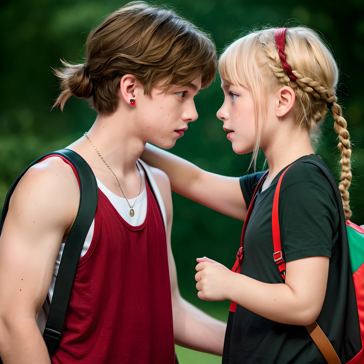 Boy with short blonde hair with red eyes with black amisa with red backpack strap holding the fist of a red-haired girl with two long braids and many freckles in a green tank top with a knife in his hand with dark colored backpack facing him looking back