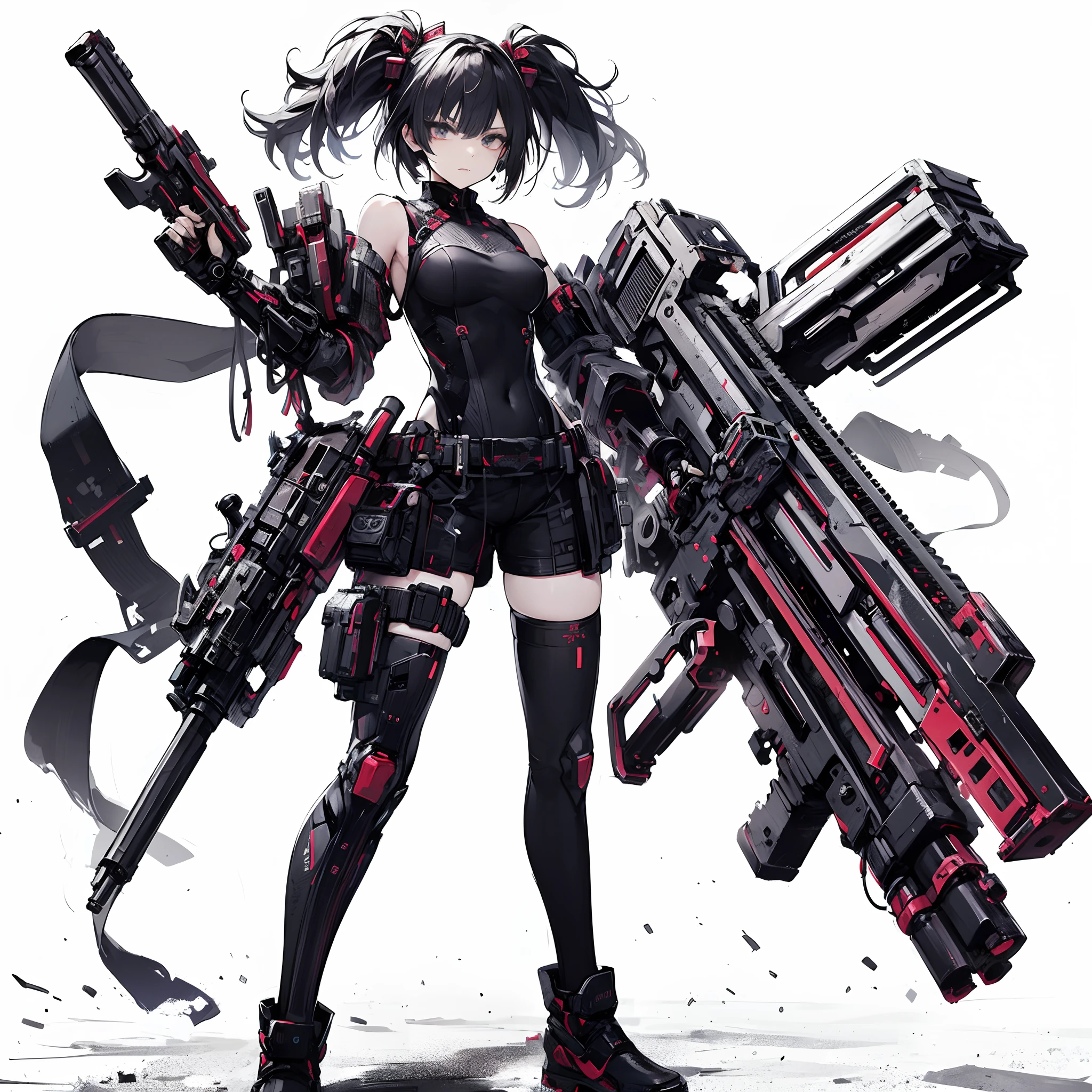 (masutepiece, Best Quality), (Perfect athlete body:1.2), (detailed hairs), Ultra-detailed, Anime style, Full body, Cyberpunk Ninja Gunner Girl, Wearing Techwear, Red Accessories, Wielding a huge high-tech gun, Black and white hair, stew, Mechanical arm guard, Wear high-tech boots, 8K High Resolution, trend artstation, White background, Standing in the wasteland, Whole body,