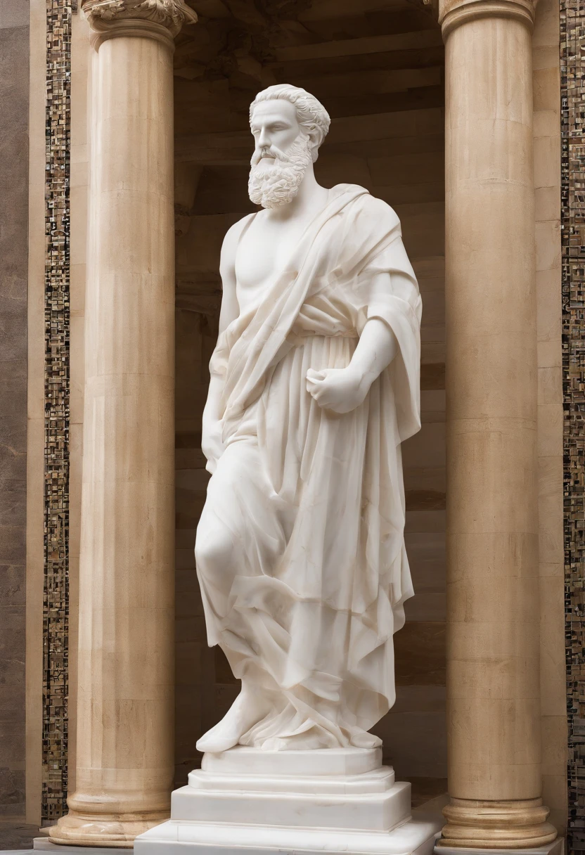 White marble statue of the bust of the wise man with the style of the bearded Greek philosopher in the museum. careca, percing redondo na orelha esquerda, atmosfera escura, alto contraste de luz e sombra, fotografia profissional, utrarealista, light volumetric, cinemactic