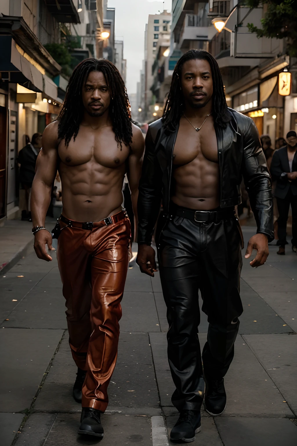 Cena 6

Local: Ruas de San Francisco, California

Hour: Noite

Personagens:

Michael B. Jordan as Young Leroy Green
Michael Jai White as the villain Sho'nuff
Description:

Leroy Green and Michael Jai White as the villainous Sho'nuff walk the streets of San Francisco.

Detalhes:

A imagem deve ser ultra realista, with a 4K or 8K resolution. Os detalhes dos personagens devem ser perfeitos, From the faces to the clothes. Lighting should be natural and realistic.

Exemplo:

The image can start with a bird's-eye view of the city of San Francisco, in the nighttime. The focus of the image should be Leroy Green and Michael Jai White as the villain Sho'nuff, Who's walking the streets, vestidos com suas tradicionais vestimentas do filme The Last Dragon. They've got a smile on their face, And your eyes are shining with determination.

The image then cuts to a scene from Sho'nuff's dojo. Leroy Green is standing in the center of the dojo, olhando para Sho'nuff, Who's dressed in his red and gold costume. Sho'nuff is an imposing fighter, and Leroy Green knows it's going to be a challenge.

The image then cuts to the fight scene. Leroy Green and Sho'nuff are trading powerful blows. Leroy Green is faster and more agile than Sho'nuff, but Sho'nuff is stronger and more experienced.

The image then cuts to the scene at the end of the fight. Leroy Green consegue acertar um golpe poderoso em Sho'nuff, that falls to the ground. Leroy Green se levanta, vitorioso.

The image then ends with a bird's-eye view of the city of San Francisco, in the nighttime. The focus of the image is Leroy Green, That's walking the streets, Now a new hero. he's smiling, pois sabe que finalmente encontrou seu lugar no mundo.