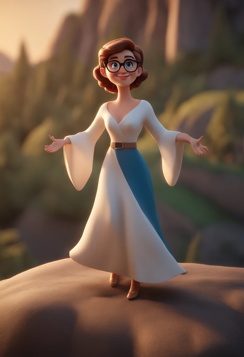 Cartoon character of a lady with blue glasses and a white dress showing her skin, standing on a cliff, animation character, Caractere estilizado, animation style rendering, 3D estilizado, Arnold Maya render, 3 d render stylized, toon render keyshot, Personagem 3D, Personagem 3D, 3d rendering stylized, 3 d character render, personagem de desenho animado, Personagem de close up, Pose de personagem, (Estilo Pixar) (master part:1.2) (Bokeh) (best quality) (pele detalhada) (textura detalhada) (8k) (argila) (Cinematic lighting) (foco nítido