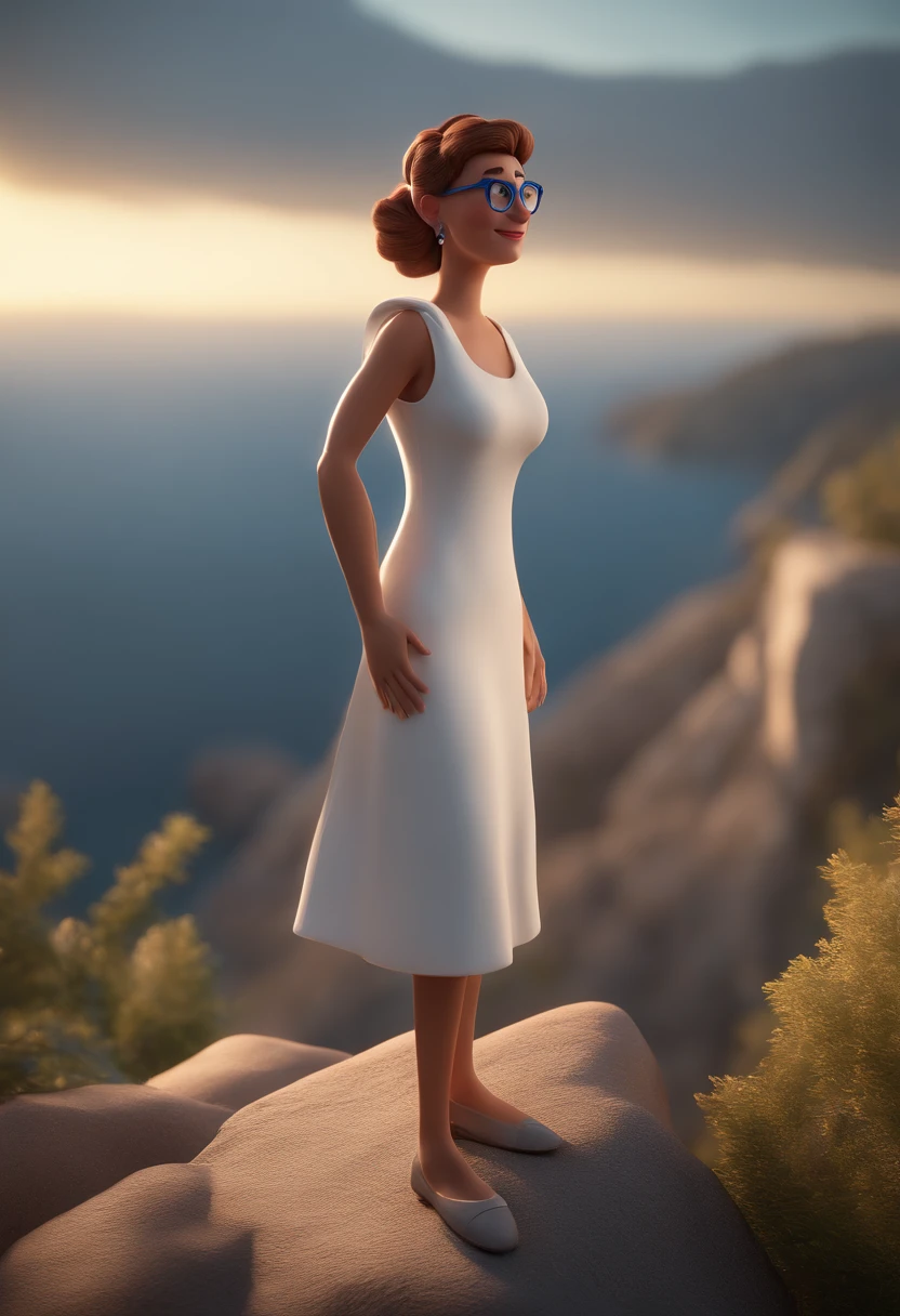 Cartoon character of a lady with blue glasses and a white dress showing her skin, standing on a cliff, animation character, Caractere estilizado, animation style rendering, 3D estilizado, Arnold Maya render, 3 d render stylized, toon render keyshot, Personagem 3D, Personagem 3D, 3d rendering stylized, 3 d character render, personagem de desenho animado, Personagem de close up, Pose de personagem,  (Estilo Pixar) (master part:1.2) (Bokeh) (best quality) (pele detalhada) (textura detalhada) (8k) (argila) (Cinematic lighting) (foco nítido