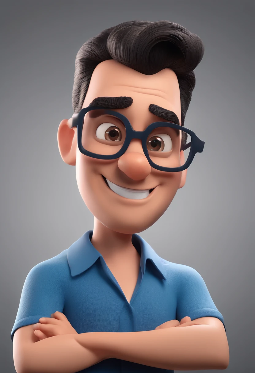 Cartoon character of a man with black glasses and a blue shirt, animation character, Caractere estilizado, animation style rendering, 3D estilizado, Arnold Maya render, 3 d render stylized, toon render keyshot, Personagem 3D, Personagem 3D, 3d rendering stylized, 3 d character render, personagem de desenho animado, Personagem de close up, Pose de personagem,  (Estilo Pixar) (master part:1.2) (Bokeh) (best quality) (pele detalhada) (textura detalhada) (8k) (argila) (Cinematic lighting) (foco nítido