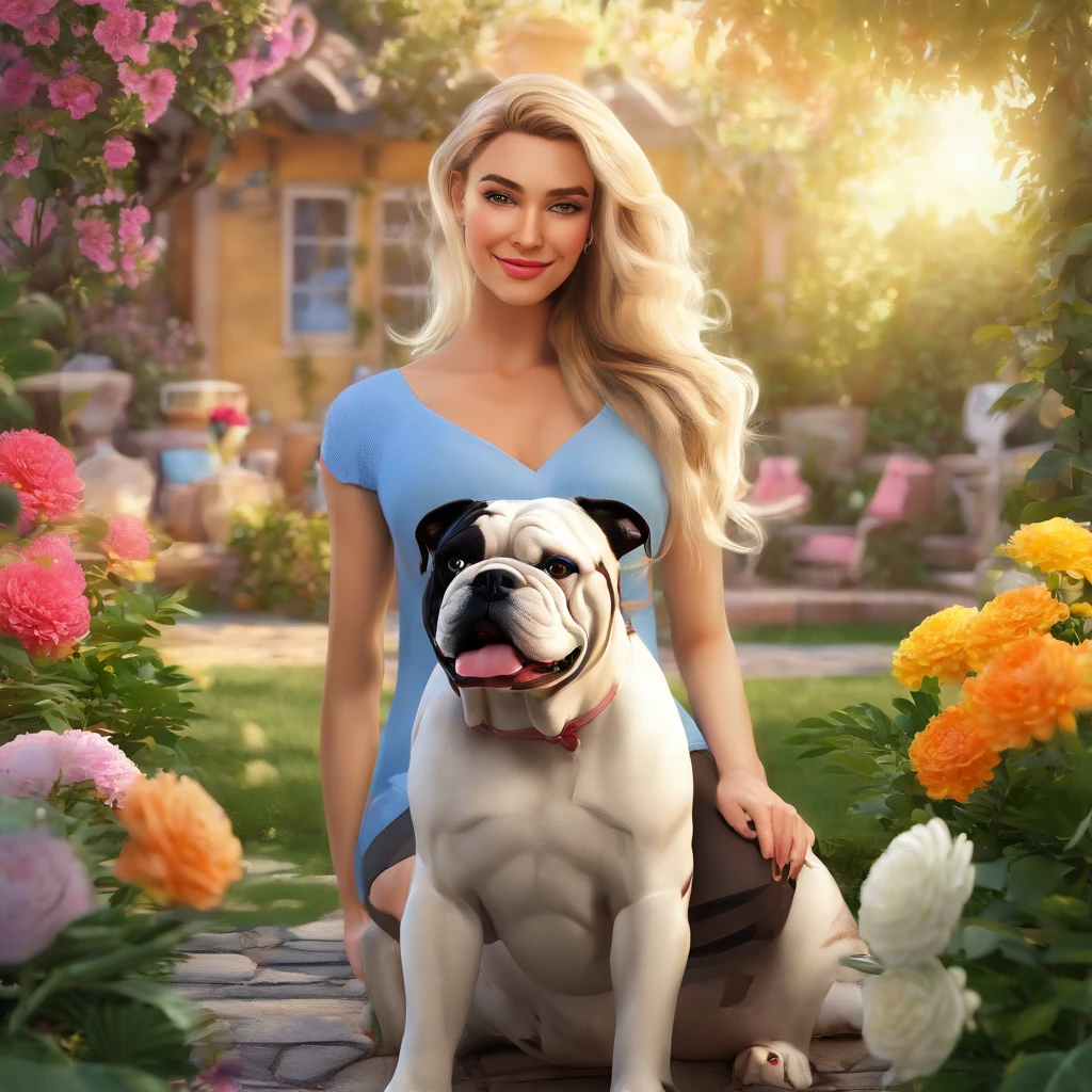 (best quality, realistic:1.37), Renata, 42-year-old blonde woman, with her black and white English bulldog, happily enjoying the day in a vibrant garden. Detailed focus on Renata's beautiful expressive eyes and lips. The artwork is created in the style of a realistic oil painting, capturing the texture and depth. The garden is filled with colorful flowers and lush greenery, providing a picturesque backdrop. The sunlight casts a warm glow on the scene, highlighting the intricate details. The image is of high resolution (4k/8k) with ultra-detailed and sharp focus. The colors are vivid and rich, creating a visually stunning masterpiece.