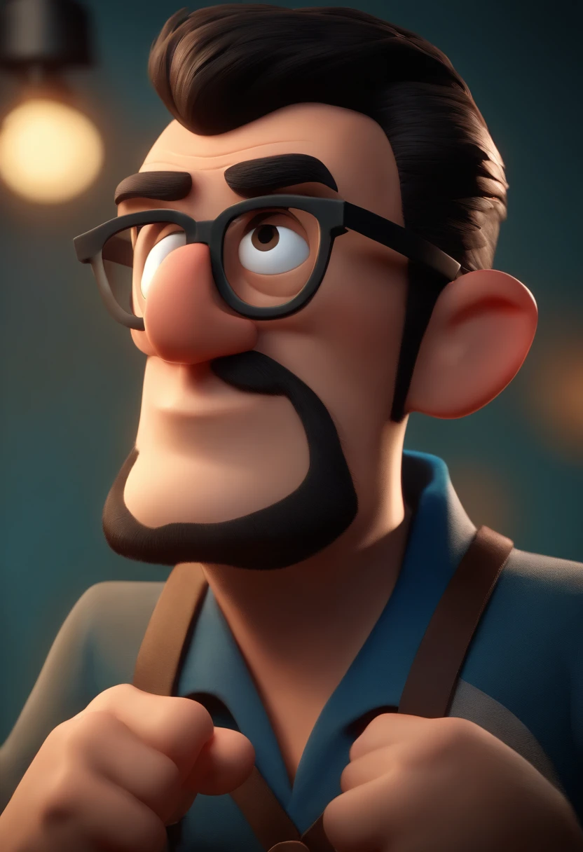 Cartoon character of a man wearing black glasses and a blue shirt, um personagem animado, Caractere estilizado, animation style rendering, 3D estilizado, Arnold Maya render, 3 d render stylized, toon render keyshot, Personagem 3D, Personagem 3D, 3d rendering stylized, 3 d character render, personagem de desenho animado, Personagem de close up, Pose de personagem, (Estilo Pixar) (master part:1.2) (Bokeh) (best quality) (pele detalhada) (textura detalhada) (8k) (argila) (Cinematic lighting) (foco nítido,Senta e vaza a parte superior do corpo