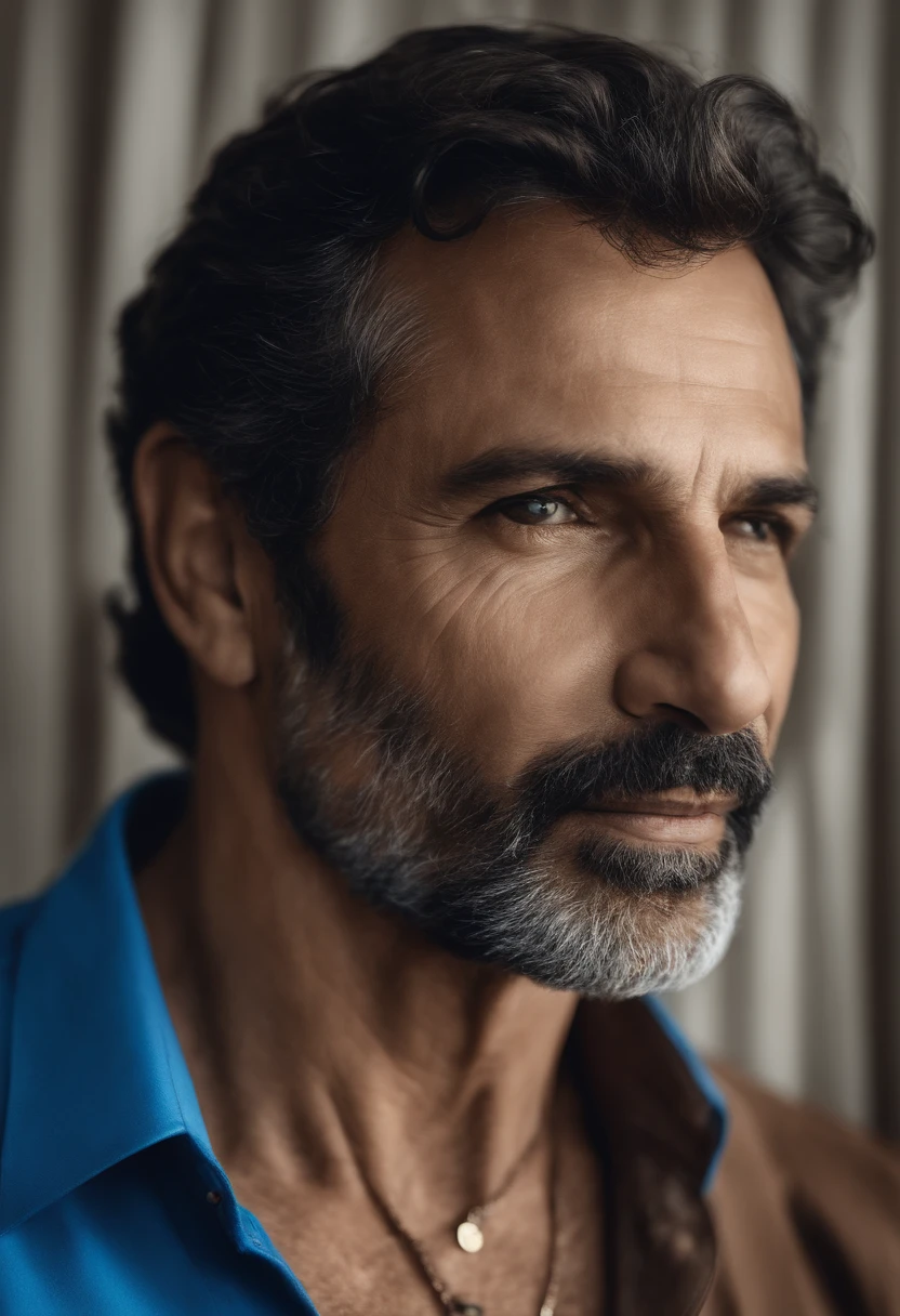 Desenho de alta qualidade, Homem de 54 anos, palco, cantor, sem cabelo , camisa azul polo