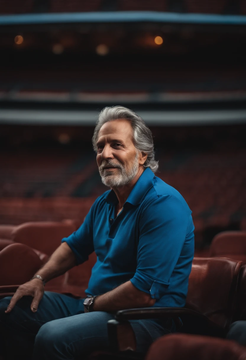 Desenho de alta qualidade, Homem de 54 anos, palco, cantor, sem cabelo , camisa azul polo