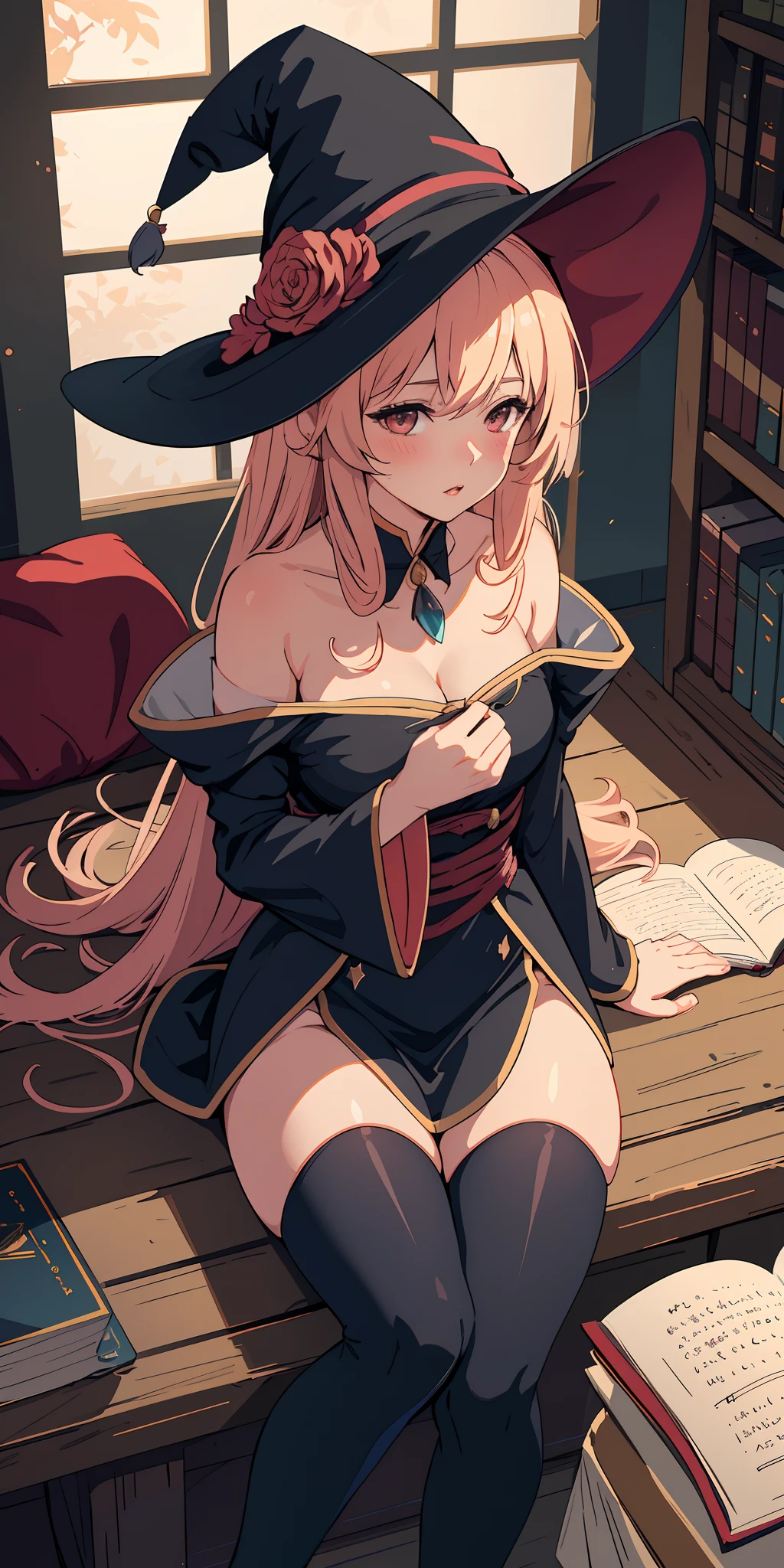 nsfw, masterpiece, 1 girl, erect nipples, intricately detailed, topless, navel, black skirt, bare shoulders, necklace, night, witch hat, erect nipples, puffy nipples, extremely detailed, photorealistic, octane render, 8 k, unreal engine, bare breasts, nipples, bare stomach, sweaty, moist breath, small breasts smiling, collarbone, wet body, saliva, drooling, pink hair, ray of lights, encore, green eyes, holding wizard staff, embarrassed, forest, trees, grass field, long skirt, waist pouch, sarong, jeweled staff, elbow gloves, long hair, hoop earring
