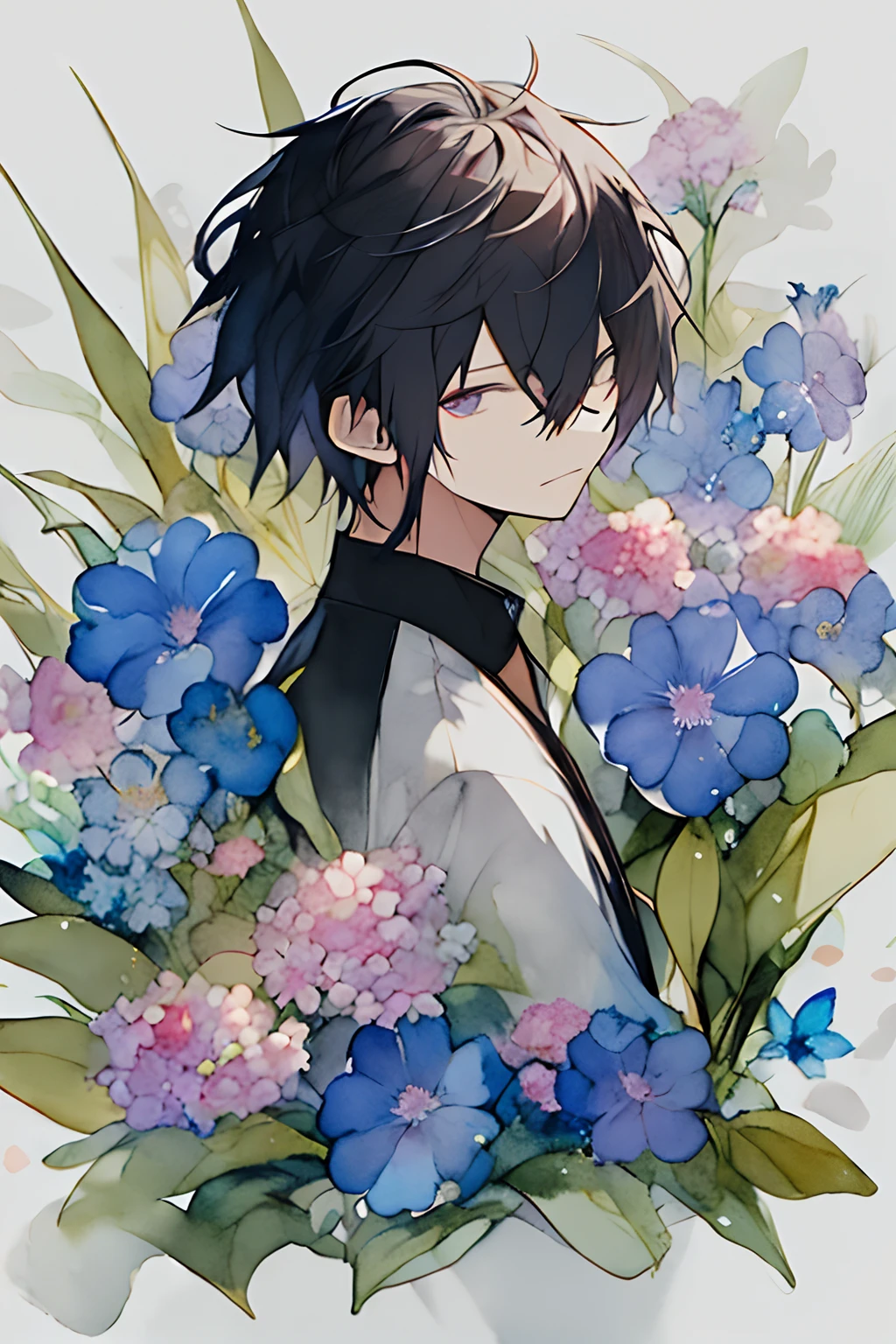(watercolour: 1.2), guy, black hair, 独奏, portraite of a, purple hair, Flowers, blue flowers, Flowers Bluebells, Bluebell flowers, Chae Yul, Secret alliance, Chae Yul's character, Chae Yul Secret Alliance, Hanahaki., Flowers from the mouth, Flowers Instead of Eyes, Flowers from Wounds, bloods.