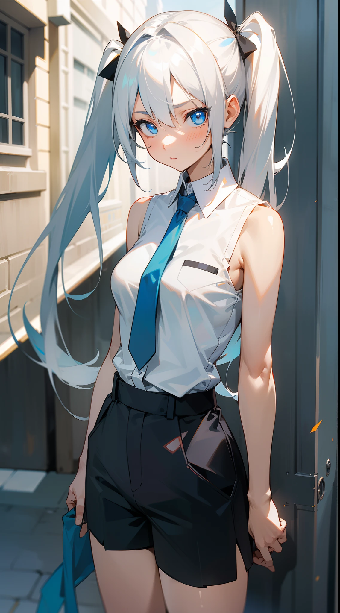 1girl, shy face,tall,mature female,medium breasts,white shirt,black shorts,blue tie,white hair,long twintails hair,blue eyes,sleeveless,standing in a street,cowboy shot