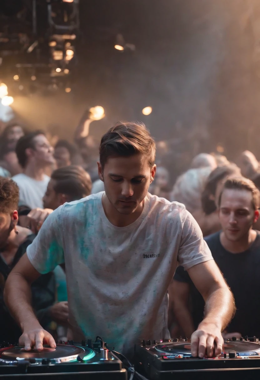 ((masterpiece:1.3)), ((best quality:1.3)), ((Ultra_circumcised:1.3)), luminous design, pastel cores, paint drips, DJ, upper body close-up shot, Observing the crowd, in this mesmerizing visual composition, a dark-skinned man takes center stage, surrounded by a bright design that radiates with vibrant pastel colors. The design appears to come to life, with cascading paint drips adding an ethereal touch to the scene. A woman, a DJ, is captured in a close-up of her upper body, standing behind the decks. His gaze is fixed on the crowd, watching their every move. The intensity in his eyes reflects his deep connection to the music and the energy of the crowd. The composition is meticulously detailed, with every intricate pattern and color gradient of the luminous design rendered with results. The pastel colors create a dreamlike atmosphere, enhancing the enchanting aura of the scene. The paint drips add a touch of unpredictability and creativity, symbolizing the fluidity and artistry of the DJ's craft. As the DJ surveys the crowd, the energy in the room is palpable. The crowd is a blur of movement, with hands raised and bodies swaying to the beat. The DJ's presence is magnetic, guiding the energy of the room with his music selection and skillful mixing. This composition is a true masterpiece, capturing the fusion of music and visual art in a captivating and immersive way. It celebrates the creativity and passion of DJs while inviting viewers to be part of the electrifying atmosphere of a live performance.