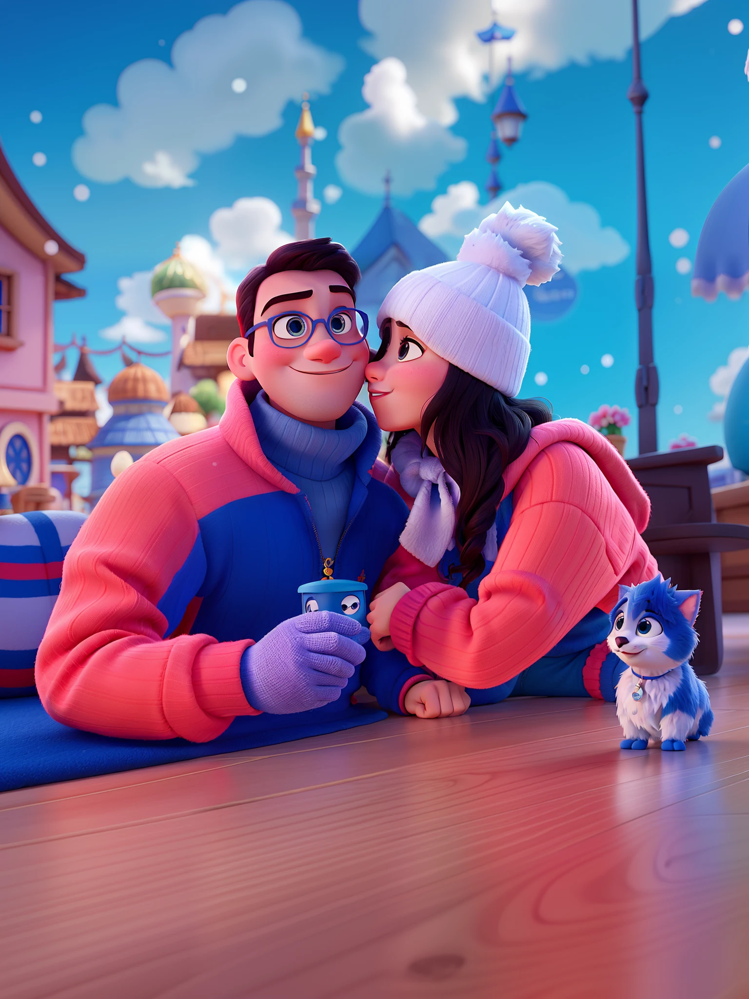 Create a Disney Pixar Style Poster, Um casal jovem feliz em trajes de neve, ela beijando o rosto dele, imagem ultra Hd, 3d, rostos bem definidos