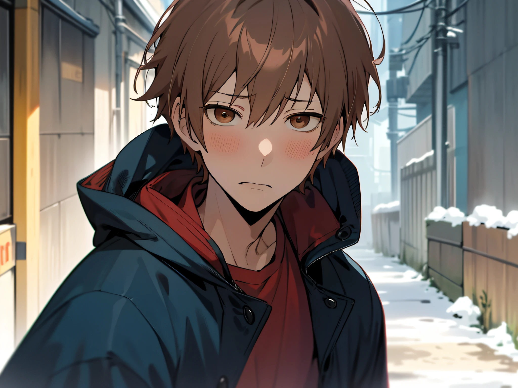 masutepiece, Best Quality, High quality, 1boy, Solo,Forcibly withdraw,yandere,eery,Cold expression,Male Focus, Looking at Viewer, upper body ,Brown eyes, Dark blue hair, parka,background is back alley,