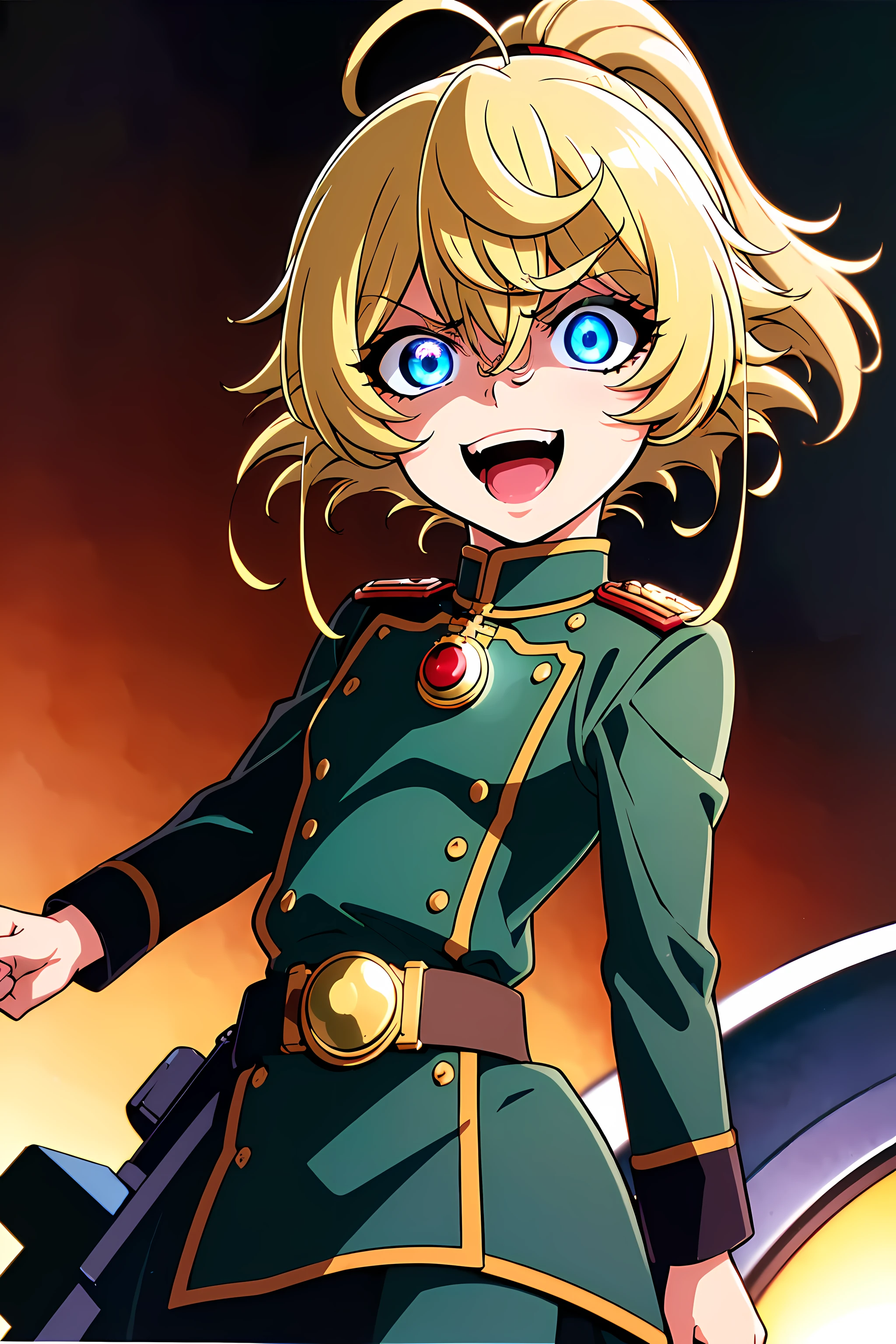 (top-quality:1.3), (masterpiece:1.4),(Anatomically correct), (Full limbs),(complete fingers),(Precise fingertips), (Fine details),(8K),Photorealista,(Super Detail),(90s Anime,9 0 s anime,9 0 s anime style,anime cels,cel shaded anime),(Tanya Degurechaff:1.52), (-yeld giin European style:1.25),military outfits, Evil smile, (Short stature:1.2), Killer Eye, Psychotic eye,(Oil Painting,Hyper-realistic), (Detailed muscles and hair), (intensegaze),(dark backgrounds, contrasted colors), (Soft lighting in gold tones),((rage)), Color Theme Red, Dramatic light, Violence Everywhere, Bloody destruction of corpses in the background, Dark and blurry background, (joyous expression:1.52), (Raging Eyes:1.24), (Blue glowing eyes:1.17), Mental breakdown, intimidation, Ways to harm, (irate:1.8), revenge, rage, destruction, murder, Maniacal,