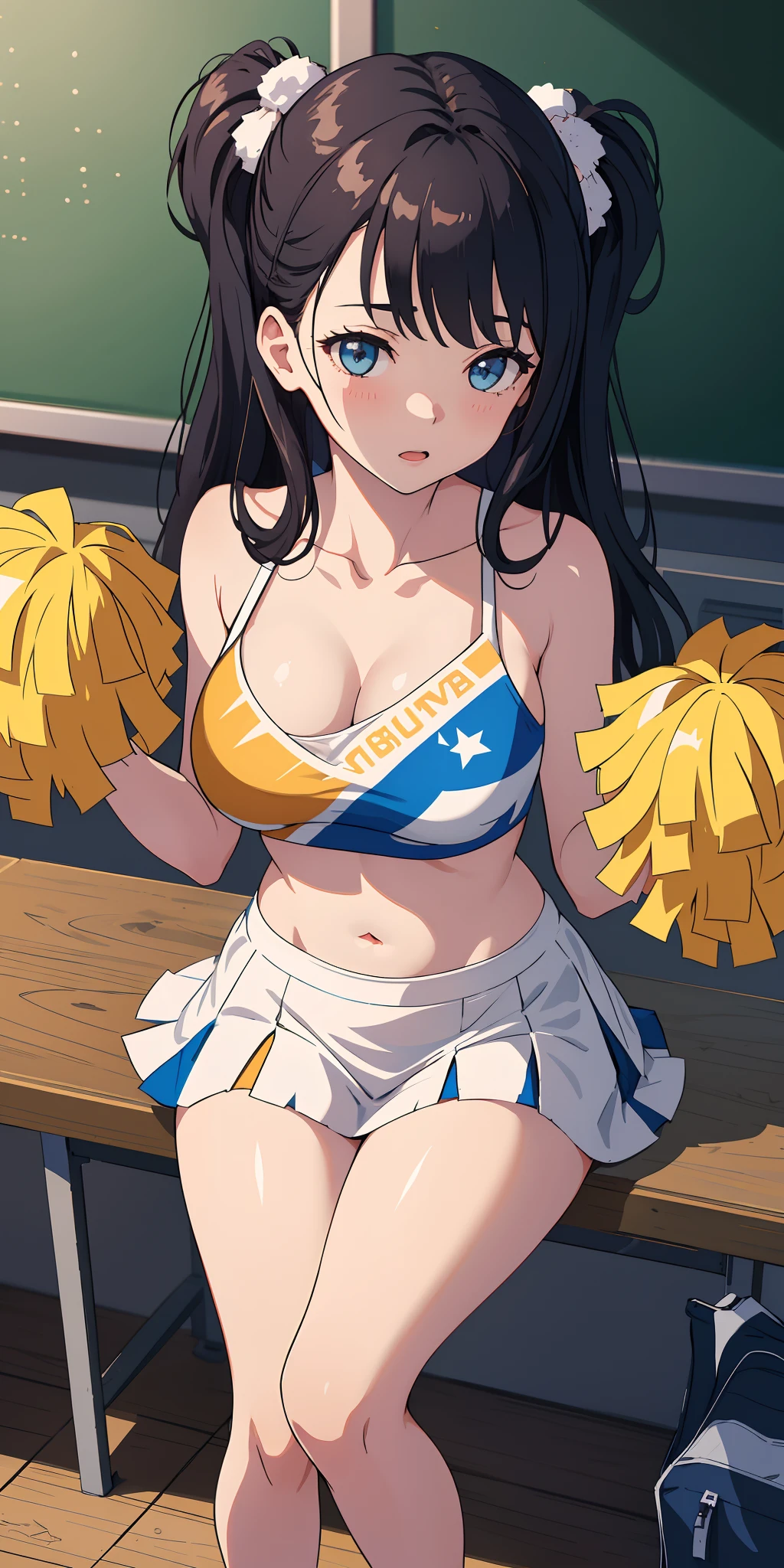 1girl, holding pom poms, cheerleader,
crop top,
skirt,
miniskirt,
pom pom, \(cheerleading\), classroom, light rays, glow, thighs, collarbone, narrow waist, (masterpiece), wallpaper, wide angle, from above