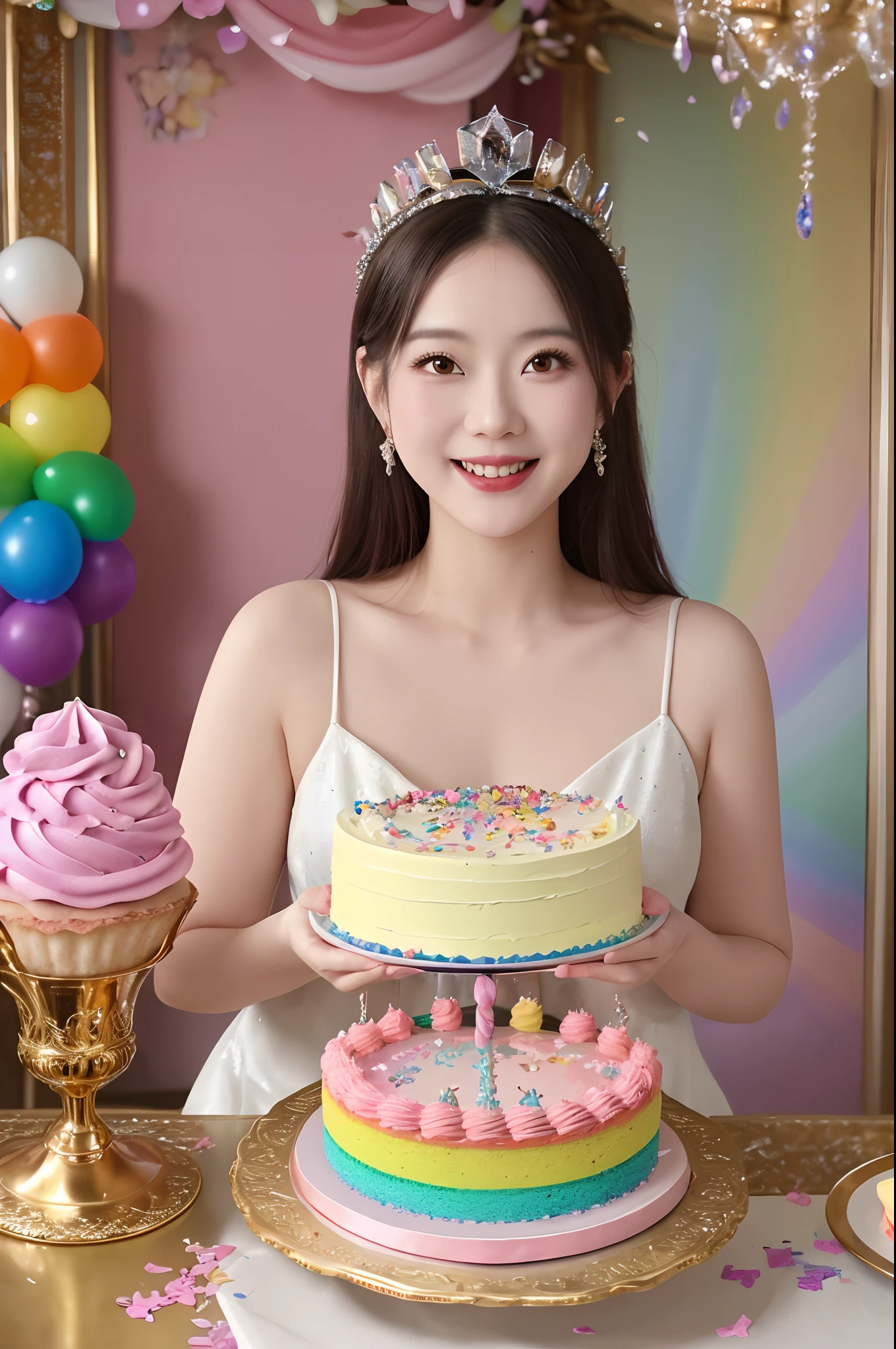 Beautiful 8K Ultra HD professional photos, Sharp focus, In a stunning fantasy world, Beautiful fairy with a crown standing next to a birthday cake filled with gems, A joyful smile, In a luxurious palace，A huge cake，It has candles and confetti on it, Huge birthday cake, with sparkling gems on top，isometry，icecream，Confectionery，Beautiful rainbow cake，Dessert shop
