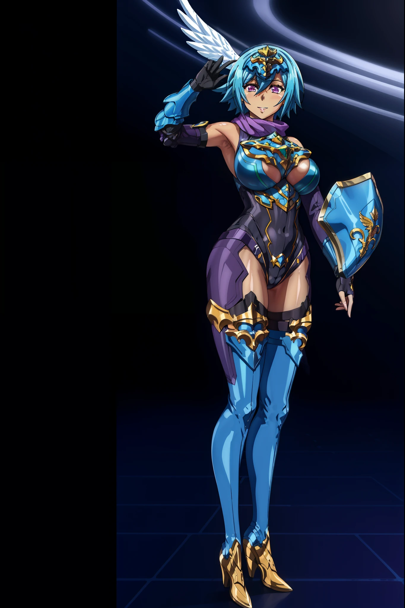 sandalphon (the seven heavenly virtues), masterpiece, best quality, 1girl, solo, thighhighs, short hair, blue hair, gauntlets, gloves, breasts, thigh boots, full body, leotard, boots, weapon, armor, shield, purple eyes, bare shoulders, belt, head wings, full body, boots, white body suit, smile, big breast, tall, latex suit,pantyhose, scarf,