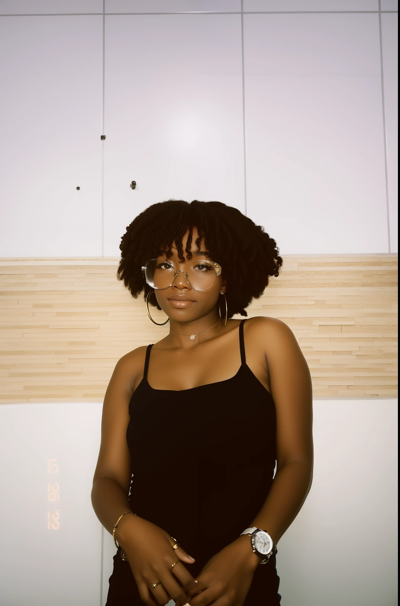 There's a woman standing in a bathroom with a watch on her wrist, foto de uma mulher negra, jovem mulher negra, com afro, tiradas no final dos anos 2000, mulher jovem negra, tiradas em meados dos anos 2000, Tiro com um Arriflex 35 II, Fotografado com uma lente Canon 35mm