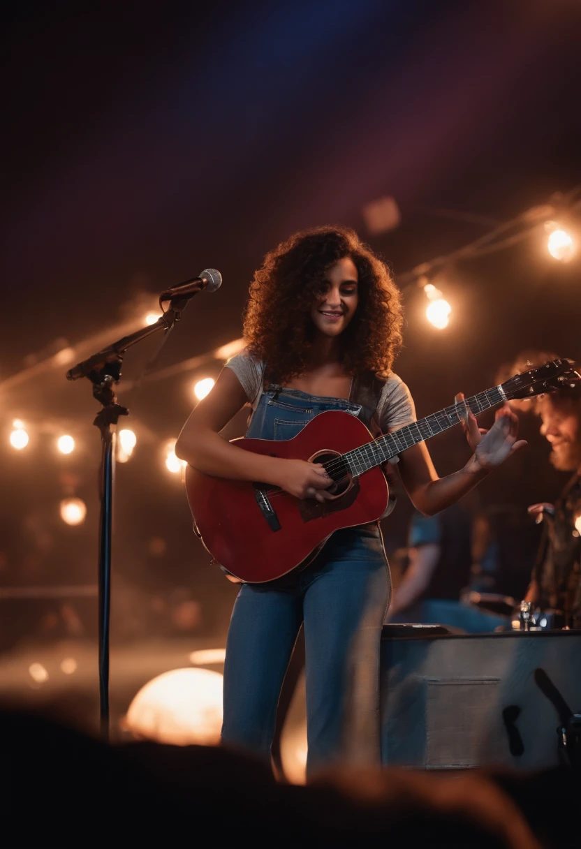 crie um banner no estilo Pixar. Um rapaz negro com cabelos curtos, Castanhos escuros, Curly appearance , mas jovem, usando uma camiseta, Wearing jeans and holding a guitar on a stage at night