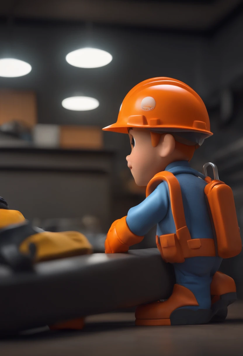 Imagem estilo Pixar com personagem 3D, homem de uniforme cinza e faixa laranja, Safety helmet and rubber glove
