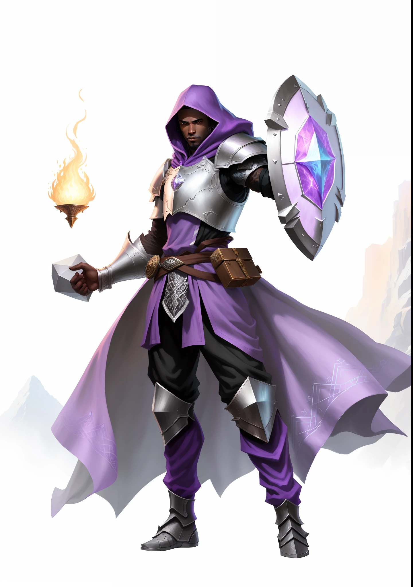 afro human handsome shaved man dark hooded, in a purple twilight outfit holding a shield in one hand, fire dark purple magic in the other hand, fantasy d&d character, dungeons and dragons characterrpg dnd paladin twilight cleric man hood, epic fantasy digital art style, epic fantasy art style, epic exquisite character art, epic fantasy art style hd 4k, clothed and dressed in ethereal light armor, human hood prince knight, highly detailed exquisite fanart, full portrait of magical knight