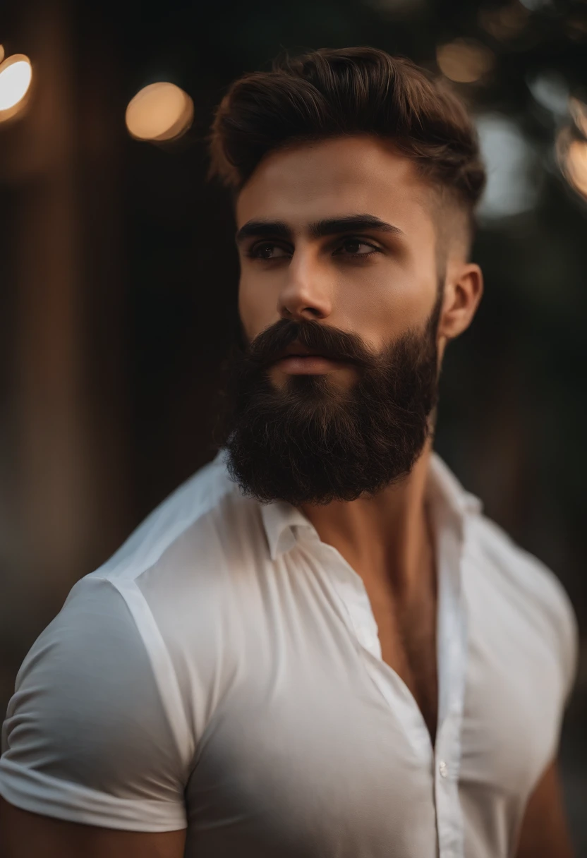 Homem de 20 anos com barba, peito peludo, Ombros peludos, cabelos esparsos no peito, cabelo, strong masculine traits, Homem muito atraente com barba, Homem barbudo bonito, Torso masculino parcialmente peludo, Barbu, altura, masculine features, Barba encaracolado, detalhes perfeitos, Muito realista, olhos azuis, Characteristics of Arabic, Random Summer Outfits
