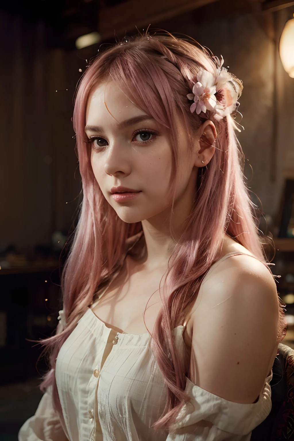 (A girl) with pink hair, (long hair), (a single sidelock) falling over her face gracefully, wearing a delicate (hairpin) adorned with a small flower. Her cheeks flushed with a subtle (blush) as she gazes off into the distance. The scene is bathed in (modern cinematic lighting), with (ray tracing) casting soft, realistic shadows and illuminating the girl's features. The lighting creates a (drop shadow) behind her, giving the impression of depth. The camera captures a (wide shot) of the girl, showing her from head to shoulders, with the surrounding environment still visible.
The image is rendered in (UHD) resolution, allowing for every detail to be crisp and clear. Her (textured skin) has a realistic feel, with imperfections and subtle variations adding depth and character. The level of detail is incredibly high, capturing every strand of her (long hair) and the intricate design of her hairpin. The image is of the (best quality 4K), with vibrant colors and sharp focus.
The overall art style is a blend of realism and (cinematic) aesthetics, with a touch of (anime) inspiration. The color palette is dominated by soft pastels, with the girl's pink hair being the focal point. The lighting adds a touch of drama and depth to the image, with warm tones creating an inviting atmosphere. The girl's expression is serene yet full of emotion, drawing the viewer into her world.
Note: The prompt may be subject to changes based on the specific requirements and preferences.