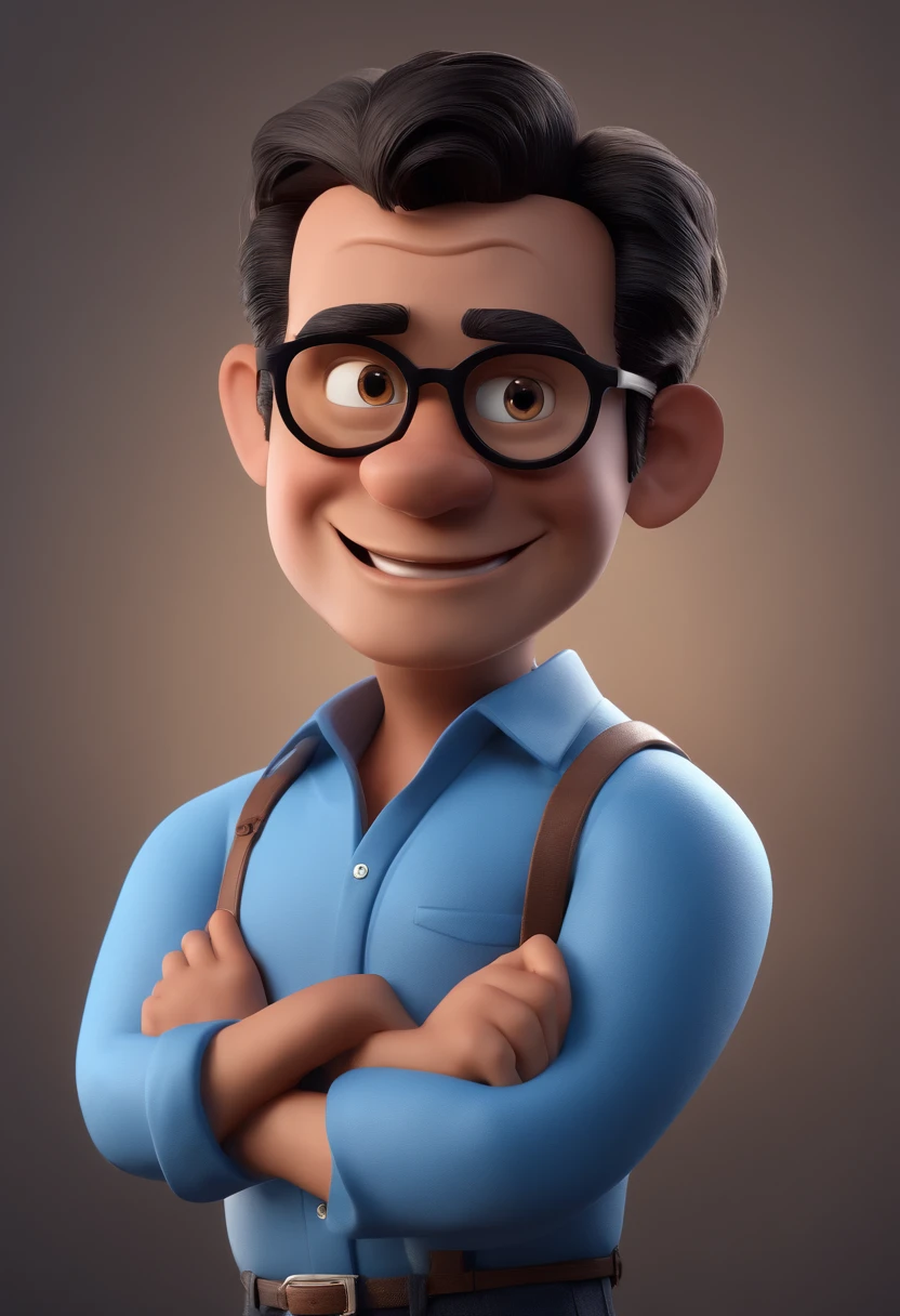 Cartoon character of a man with black glasses and a blue shirt, animation character, Caractere estilizado, animation style rendering, 3D estilizado, Arnold Maya render, 3 d render stylized, toon render keyshot, Personagem 3D, Personagem 3D, 3d rendering stylized, 3 d character render, personagem de desenho animado, Personagem de close up, Pose de personagem,  (Estilo Pixar) (master part:1.2) (Bokeh) (best quality) (pele detalhada) (textura detalhada) (8k) (argila) (Cinematic lighting) (foco nítido