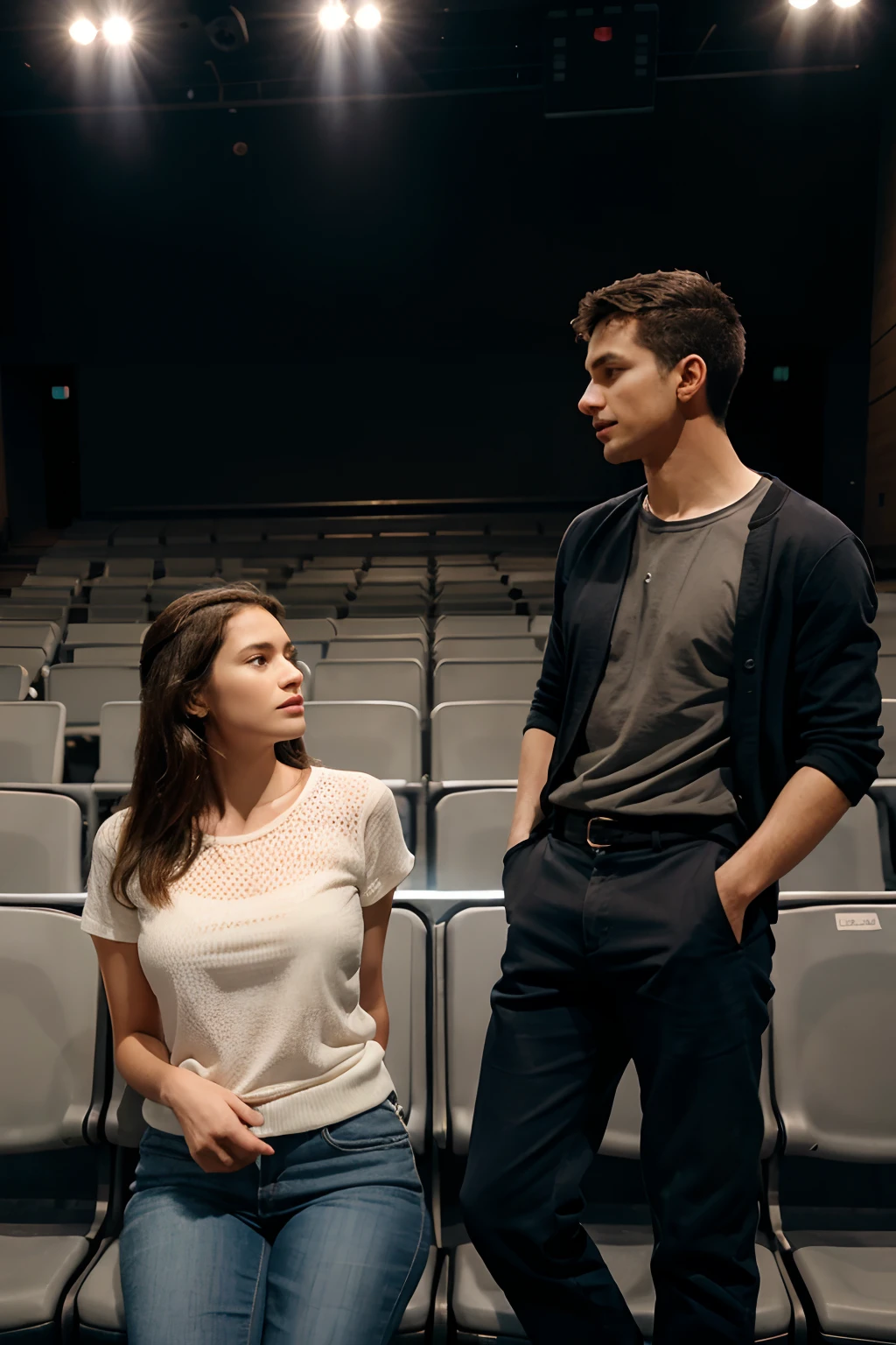 A man and a woman talking in an auditorium full of people. They're in casual clothes.