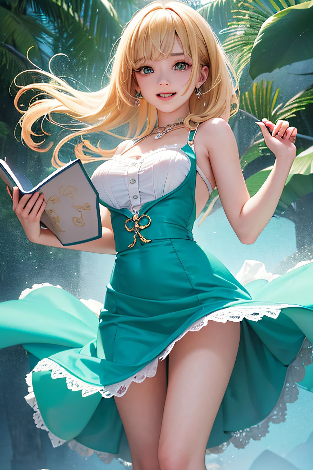 uma bela senhora, sozinho, Quatro, fechar para cima, pate cabelo loiro, medium hair, (cabelo sobre um olho), sorriso sorridente, Camisola, seios, clivagem, quarto, Quarto Luxo, cama,vtubermodel of 1girl , blonde hair , green eyes , magical blue dress, holding a magical book , high quality , extra detailed , rendered, white background, full body, smiling, sharp face