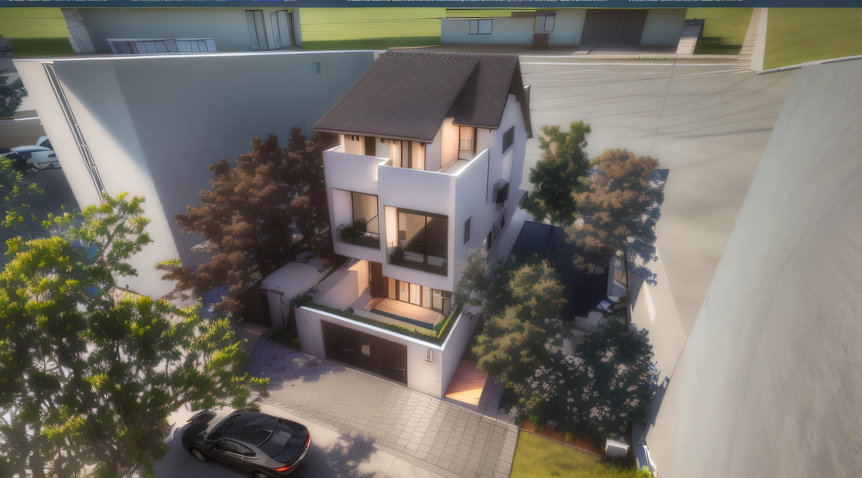 rendering of a two story apartment building with a car parked in front, concept house, outside view, frontview, complete house, front-view, 3d rendering, 3 d rendering, 3/4 view from below, exterior design, realistic concept, pre-rendered, exterior view, inter dimensional villa, rendering, detailed rendering, front view, front elevation view