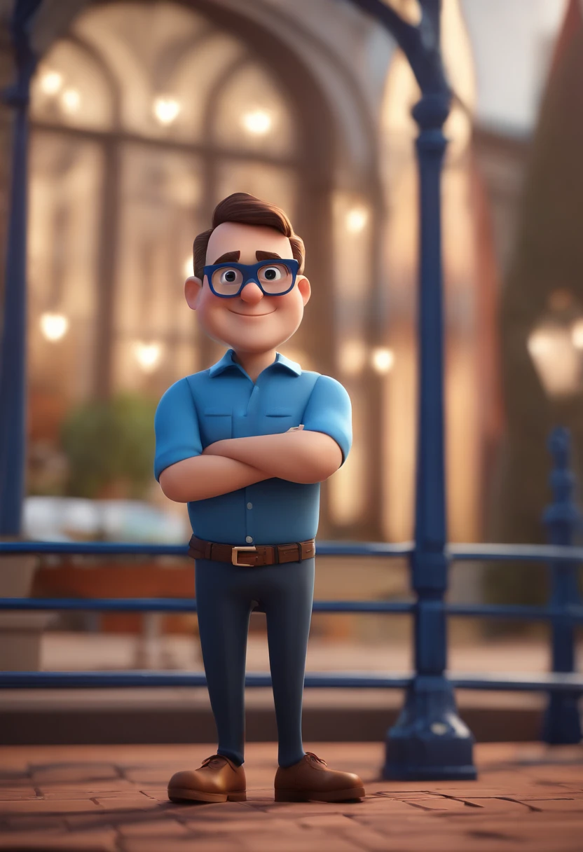Cartoon character of a man with black glasses and a blue shirt, animation character, Caractere estilizado, animation style rendering, 3D estilizado, Arnold Maya render, 3 d render stylized, toon render keyshot, Personagem 3D, Personagem 3D, 3d rendering stylized, 3 d character render, personagem de desenho animado, Personagem de close up, Pose de personagem, (Estilo Pixar) (master part:1.2) (Bokeh) (best quality) (pele detalhada) (textura detalhada) (8k) (argila) (Cinematic lighting) (foco nítido
