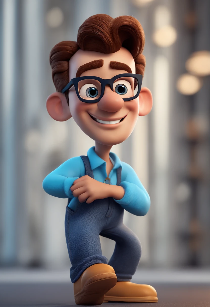 Cartoon character of a man with black glasses and a blue shirt, animation character, Caractere estilizado, animation style rendering, 3D estilizado, Arnold Maya render, 3 d render stylized, toon render keyshot, Personagem 3D, Personagem 3D, 3d rendering stylized, 3 d character render, personagem de desenho animado, Personagem de close up, Pose de personagem, (Estilo Pixar) (master part:1.2) (Bokeh) (best quality) (pele detalhada) (textura detalhada) (8k) (argila) (Cinematic lighting) (foco nítido