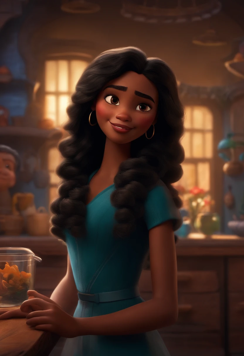Um filme inspirado na Disney Pixar (MENINA NEGRA JOVEM COM CABELO LONGO CACHEADO PRETO) dentro A cena estar na arte distinta do estilo PIXAR, descolada e estilosa