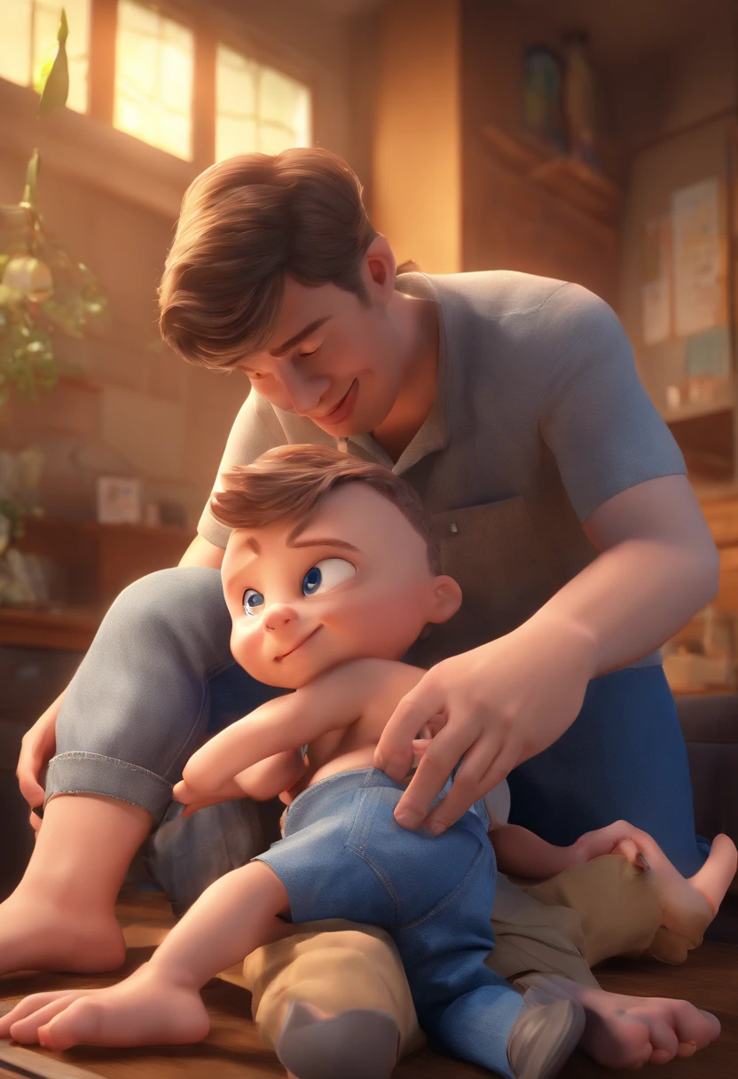 (best quality,4k,highres),realistic, Pixar style: Adult man holds a naked blue-eyed boy in one hand and a pair of scissors in the other hand, attempting to cut the boy's testicles, 3D poster, Disney