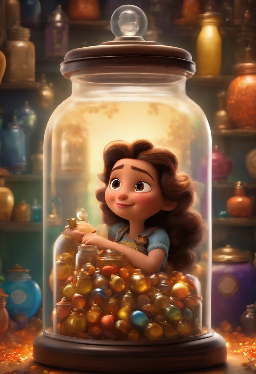 A collector of ideas inspired by Pixar animation, de perto. She is surrounded by a collection of magic vials, each containing a unique idea. The focus is on the character, with a captivating facial expression, Against a backdrop of shimmering, cores efervescentes.