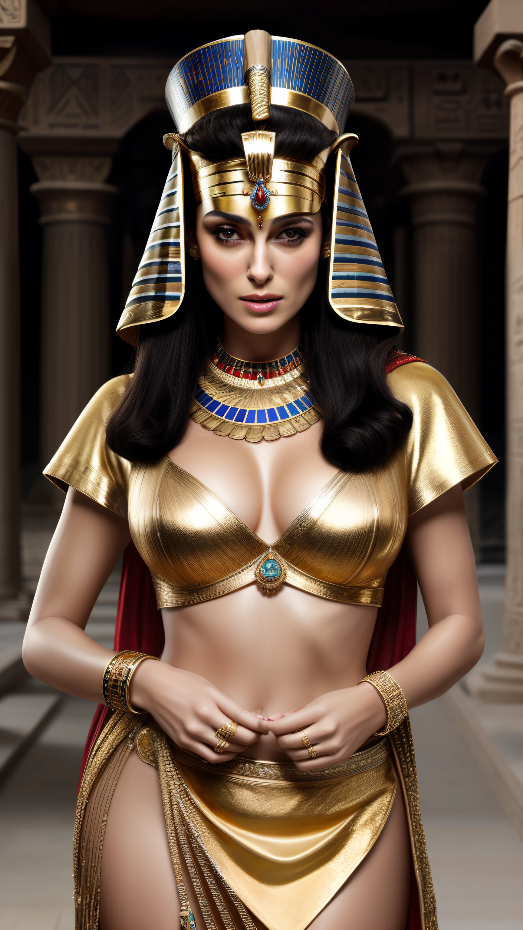 Cinematic portrait, professional cinematography, a close up of a woman in a gold outfit with an egyptian mask, beautiful cleopatra, insane details, egyptian princess, cinematic goddess close shot, cleopatra, extremely beautiful lady, cinematic goddess body shot, cleopatra portrait, goddess, stunning beauty, extremely high detail, egyptian, cleopatra in her palace, cinematic goddess shot, egyptian style, extremely detailed goddess shot, beautiful goddess, Keira Knightley as egyptian, Keira Knightley gorgeous and beautiful pharaoh, portrait of cleopatra, uhd, 8k, 32k, sharp, intricate, highly detailed, detailed Beauty,hdr, cinematic vision, flawless picture,