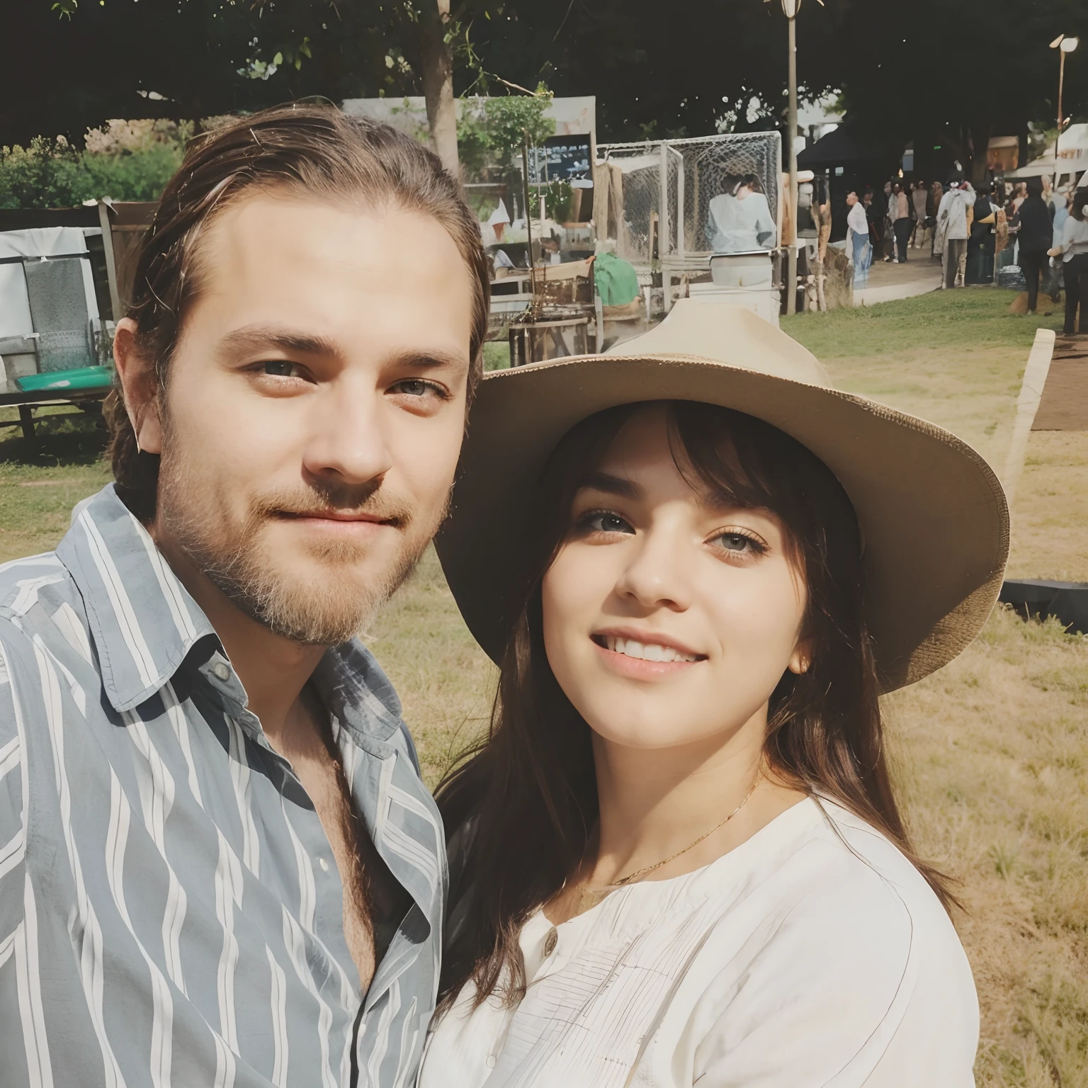 Couple: light man, light brown hair, full beard, dark green eyes and short woman in brown hat, cawboy, black hair, big black eyes, brown skin tone
