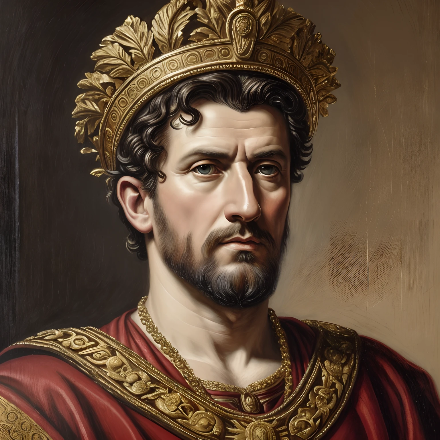 (best quality,4k,8k,highres,masterpiece:1.2),ultra-detailed, (realistic,photorealistic,photo-realistic:1.37), Julius Caesar, Roman Emperor, majestic portrait, commanding presence, detailed facial features, piercing gaze, regal posture, golden laurel wreath crown, flowing purple robes, ornate armor, Roman Empire symbol, ancient marble backdrop, soft warm lighting, strong contrast, dramatic shadows, oil painting style, historical artwork, vibrant colors, intense atmosphere.