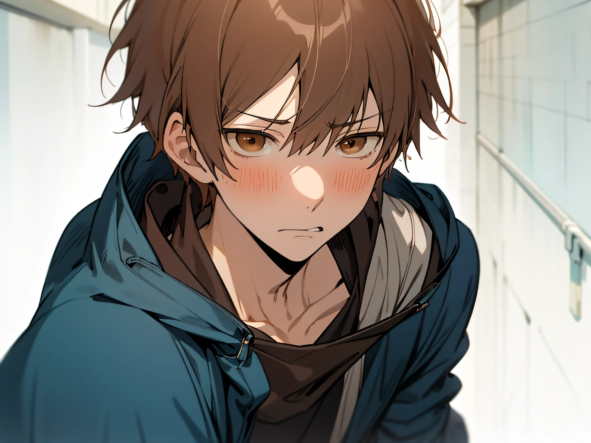 masutepiece, Best Quality, High quality, 1boy, ((Solo,Forcibly withdraw)),yandere,eery,Cold expression,Male Focus, Looking at Viewer, upper body ,Brown eyes, Dark blue hair, parka,background is back alley,