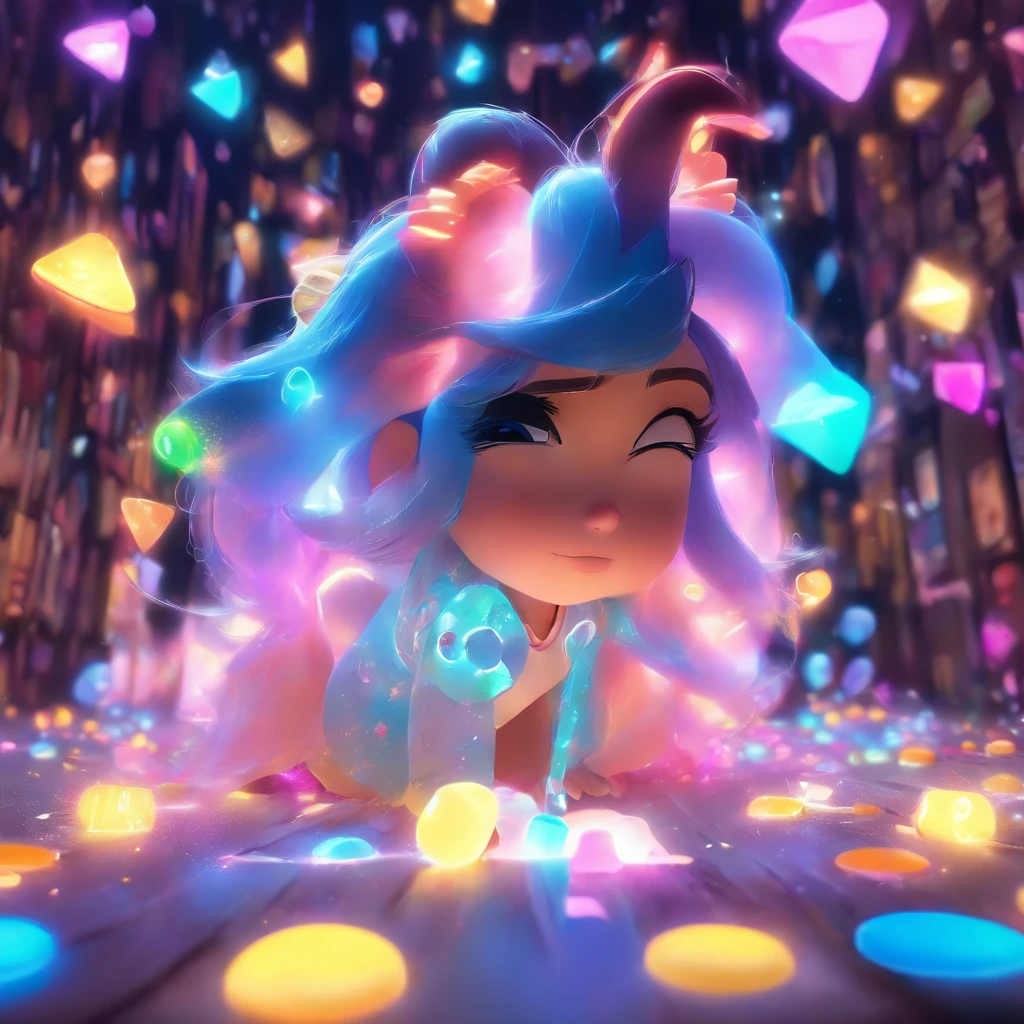 (Estilo Pixar),Modelo de quarto pequeno aconchegante, Modelo de personagem em miniatura, de cabelos pretos, com cachorro no colo, fonte de luz da direita para a esquerda, Rum lighting, fonte de luz da direita para a esquerda, (ISO distance vision), (de cima para baixo), Realistic proportions, Post-processing, ((perspectiva ortogonal)), Super Detalhe, Realistic, super realistic, photoreal render, Cor irridescent, Glitters