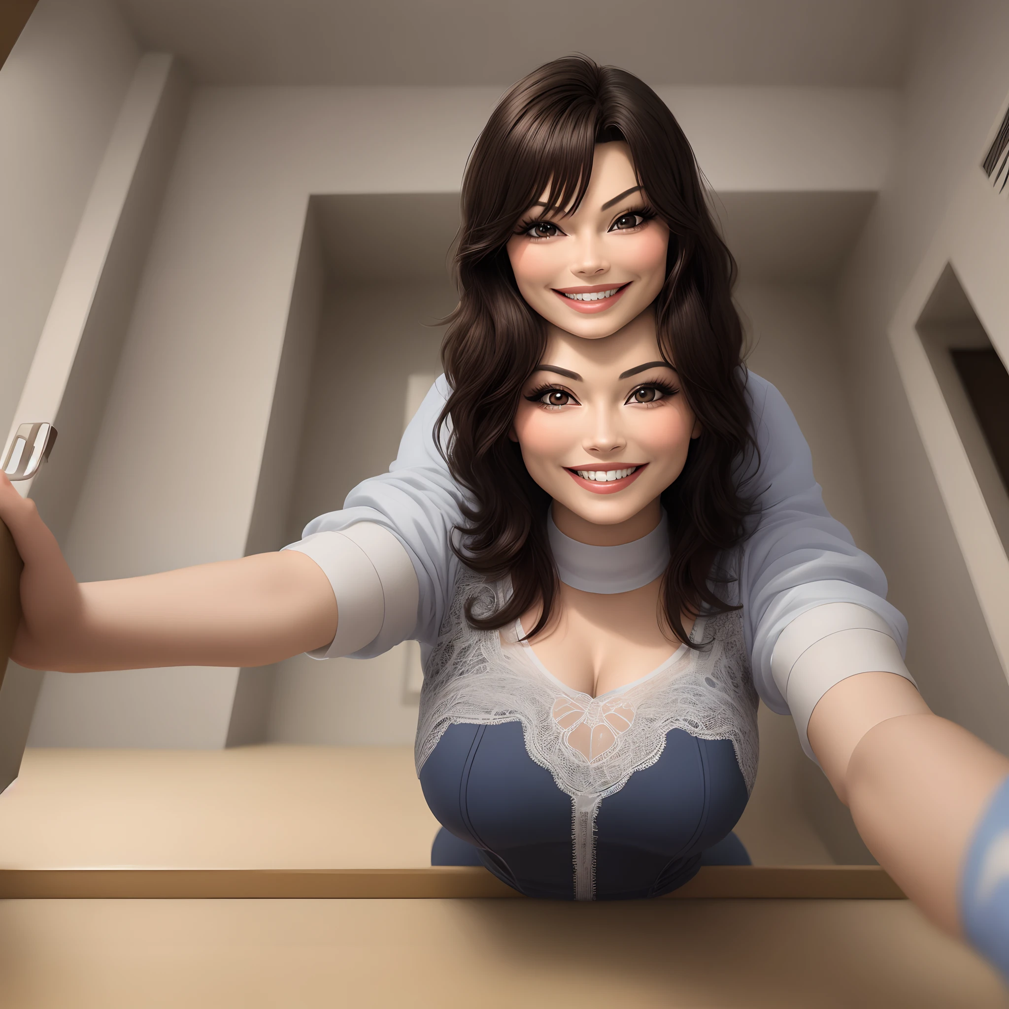 Um porcelanato com olhos grandes, Short arms and legs with a pretty smile. Ele dentro de uma loja de pisos, with the title "RC DISTRIBUIDORA"
