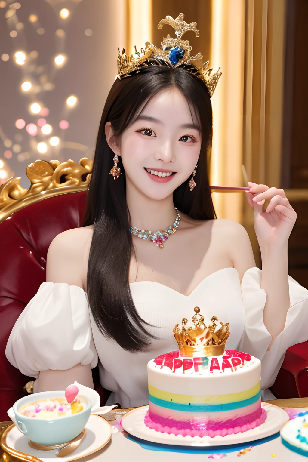 Beautiful 8K Ultra HD professional photos, Sharp focus, In a stunning fantasy world, Beautiful Korean teenage girl wearing a crown,Birthday cake filled with gems, A joyful smile, In a luxurious palace,A huge cake,It has candles and confetti on it, Huge birthday cake, with sparkling gems on top,isometry,icecream,Confectionery,Beautiful rainbow cake,Dessert shop